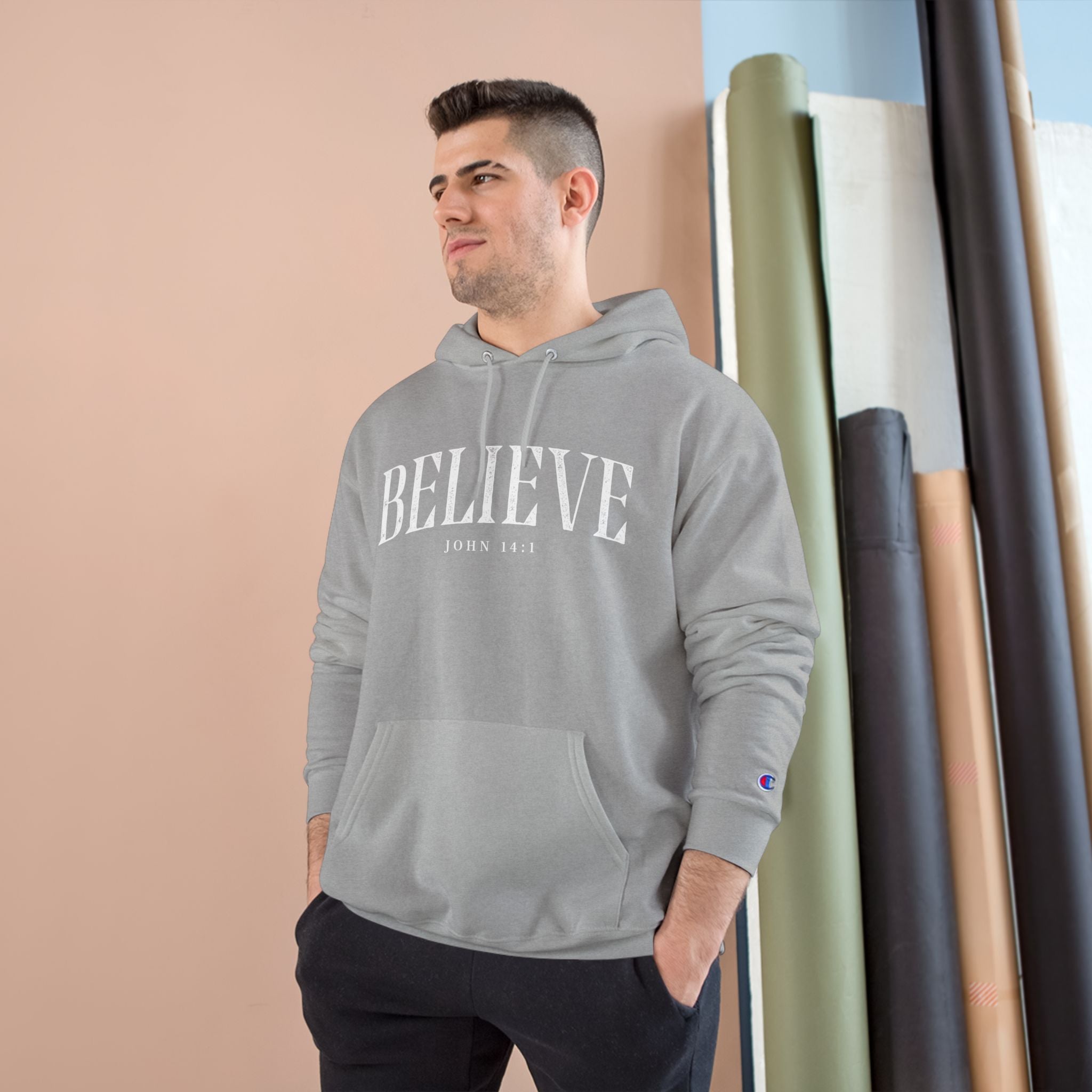 Believe Champion Hoodie — Inspirational Pullover with 'Believe' Script