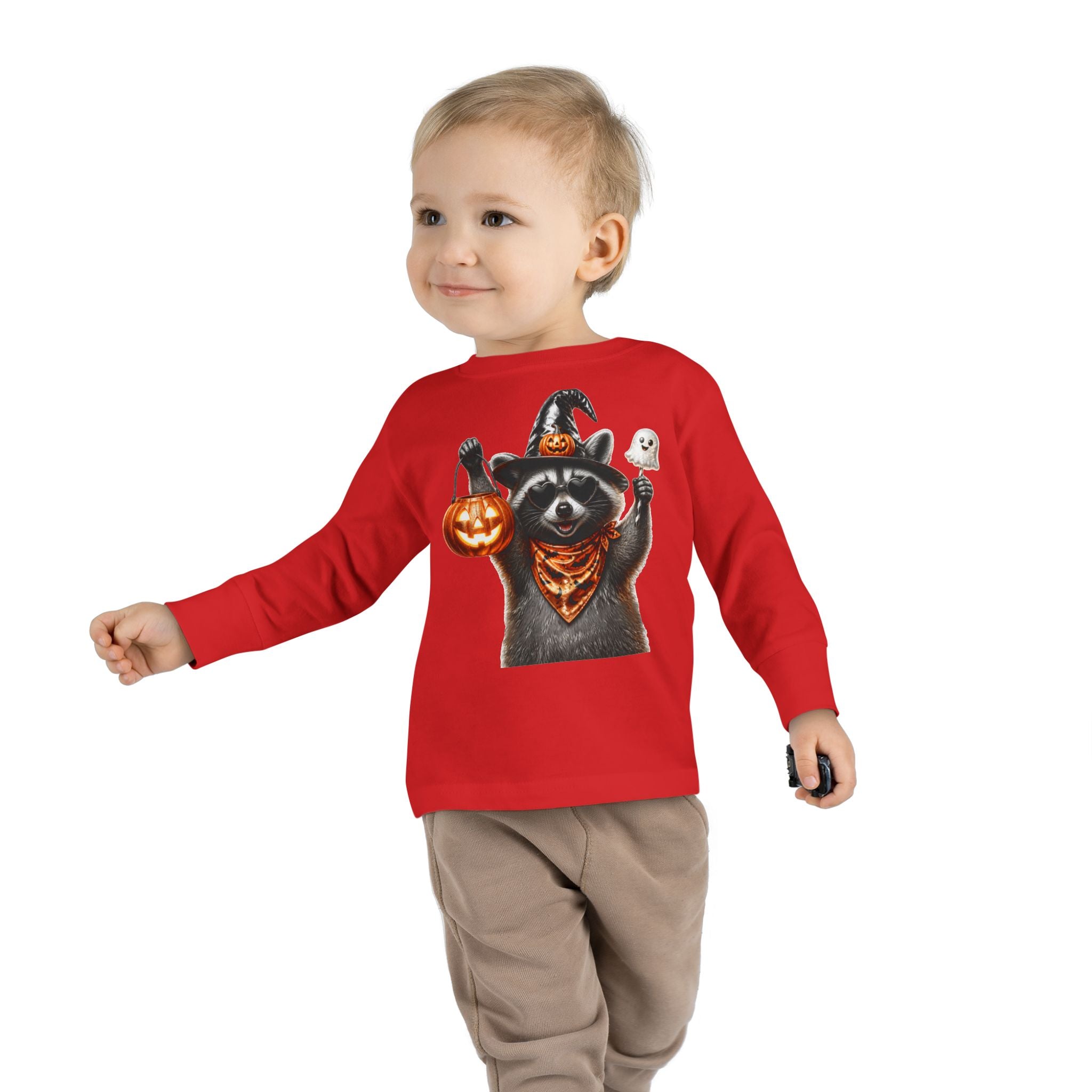 Toddler Long Sleeve Tee - Halloween Raccoon Trick-or-Treat Shirt with Witch Hat & Jack-O'-Lantern