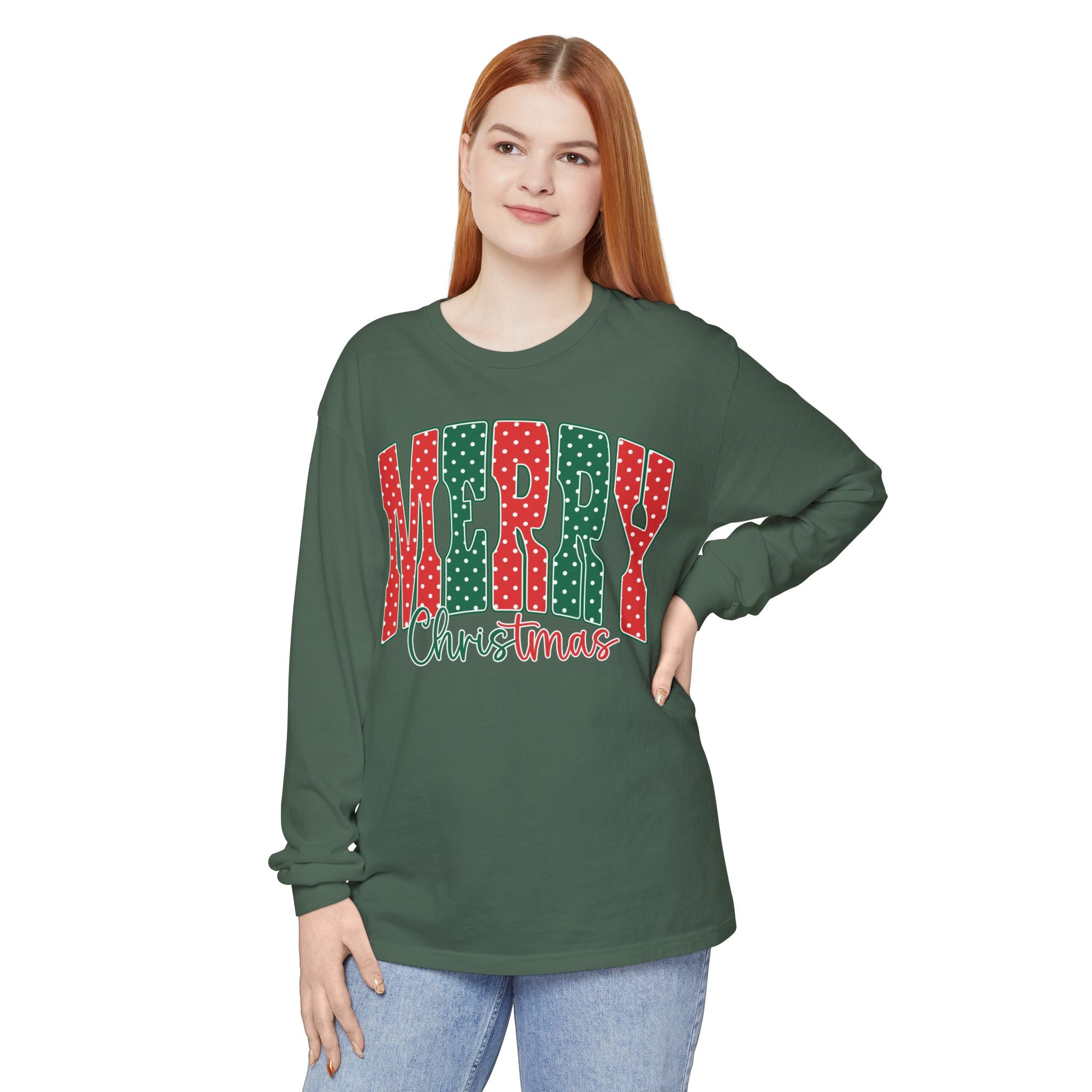 Merry Christmas Long Sleeve Tee — Festive Red & Green Holiday Shirt