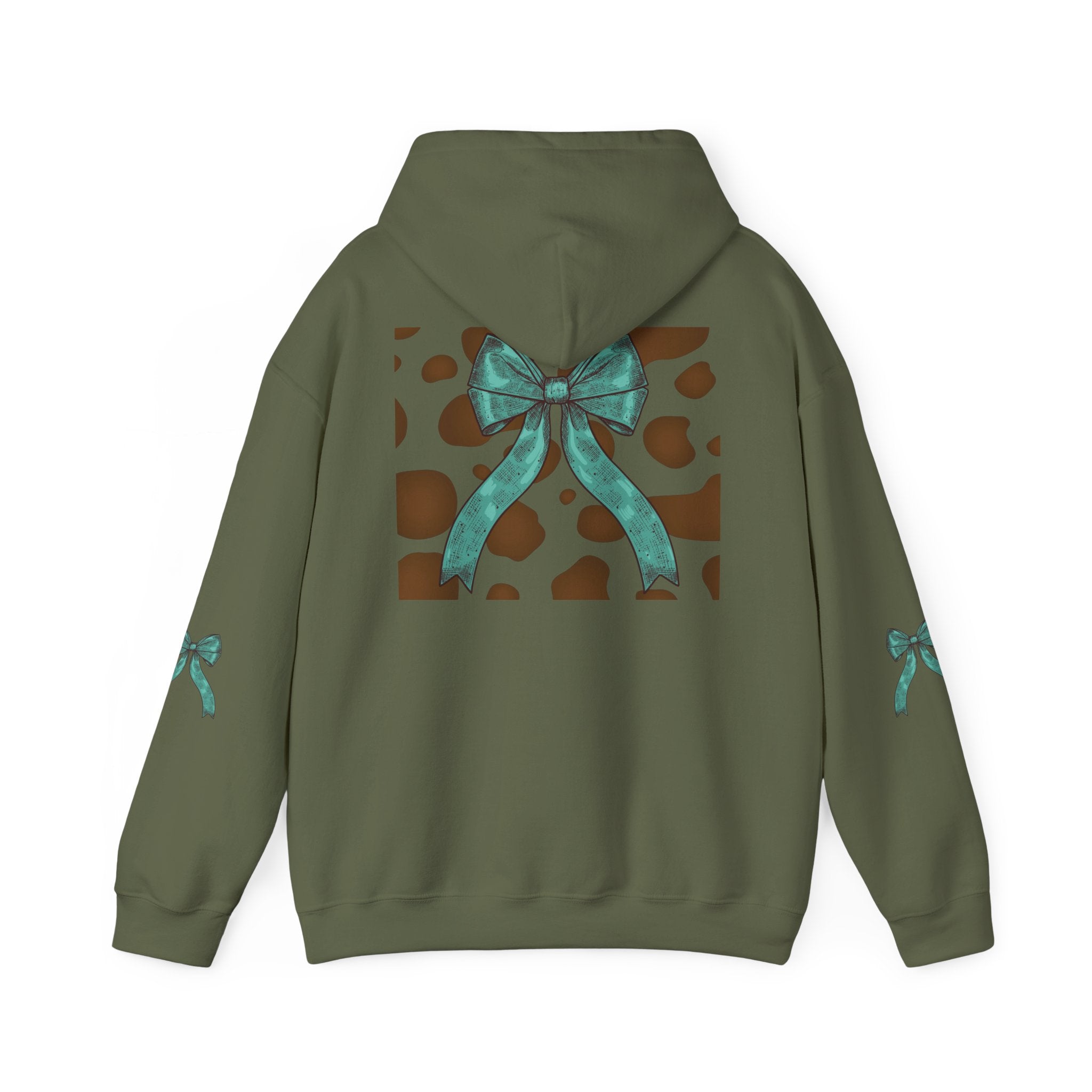 Mama Leopard Letters teal bow Hoodie | Cow print back panel, sleeve bows