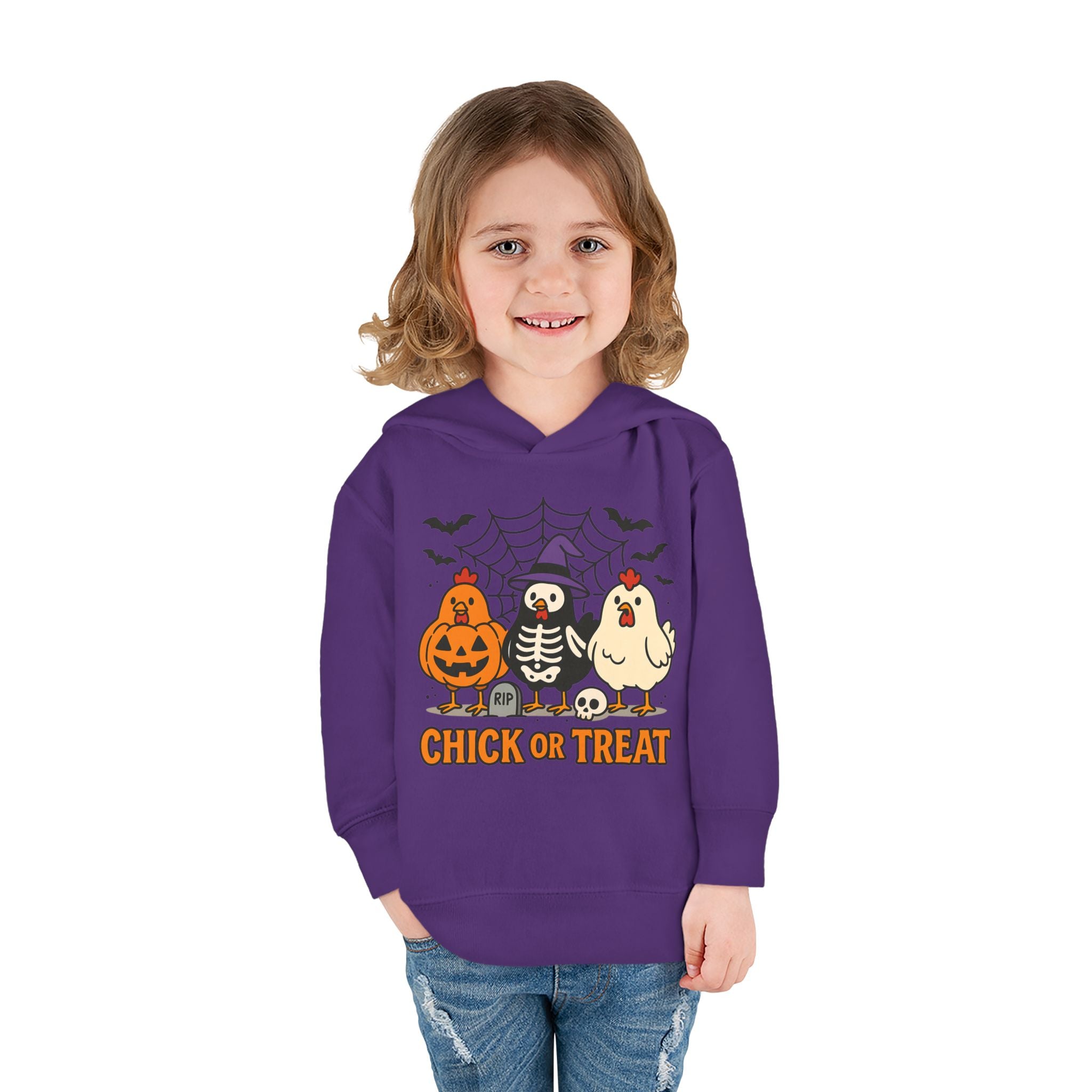 Toddler Halloween Pullover Hoodie – "Chick or Treat" Pumpkin Skeleton Chicken Kids Fleece