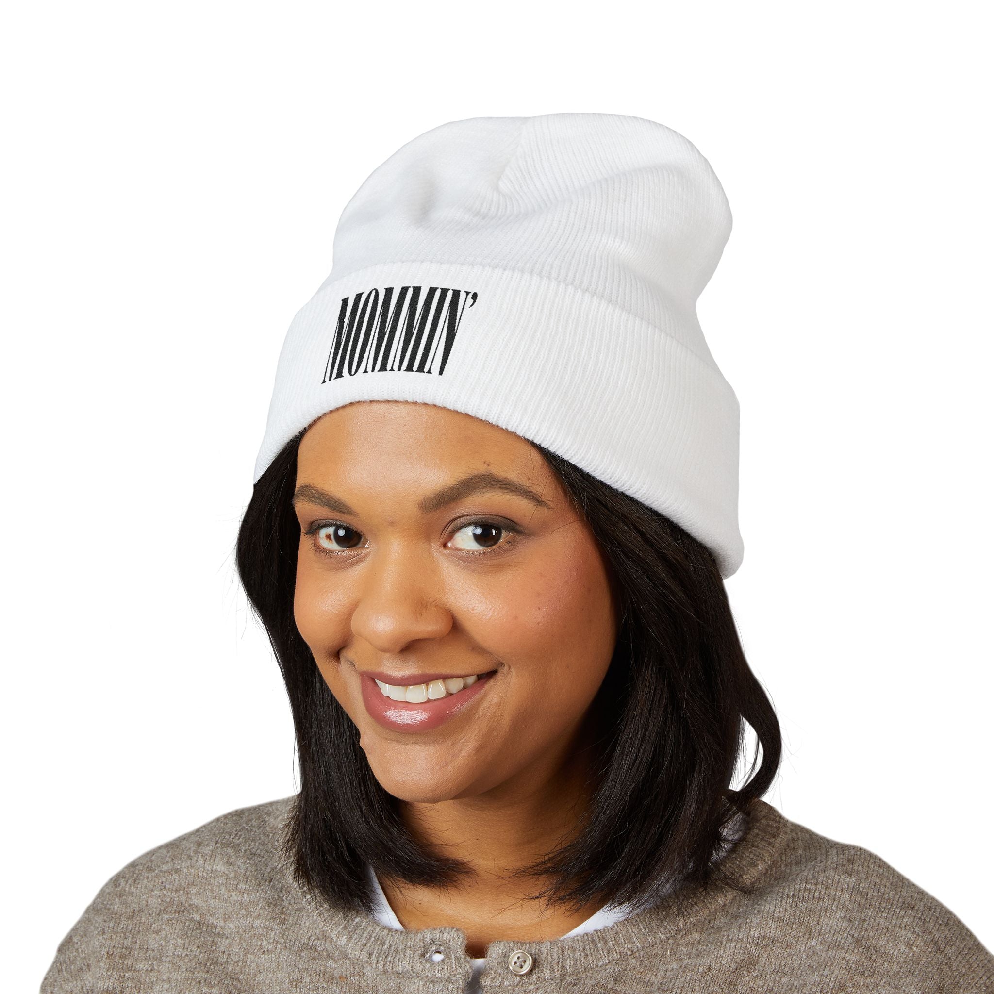 Embroidered "Mommin'" Cuffed Beanie — Cozy Knit Mom Hat