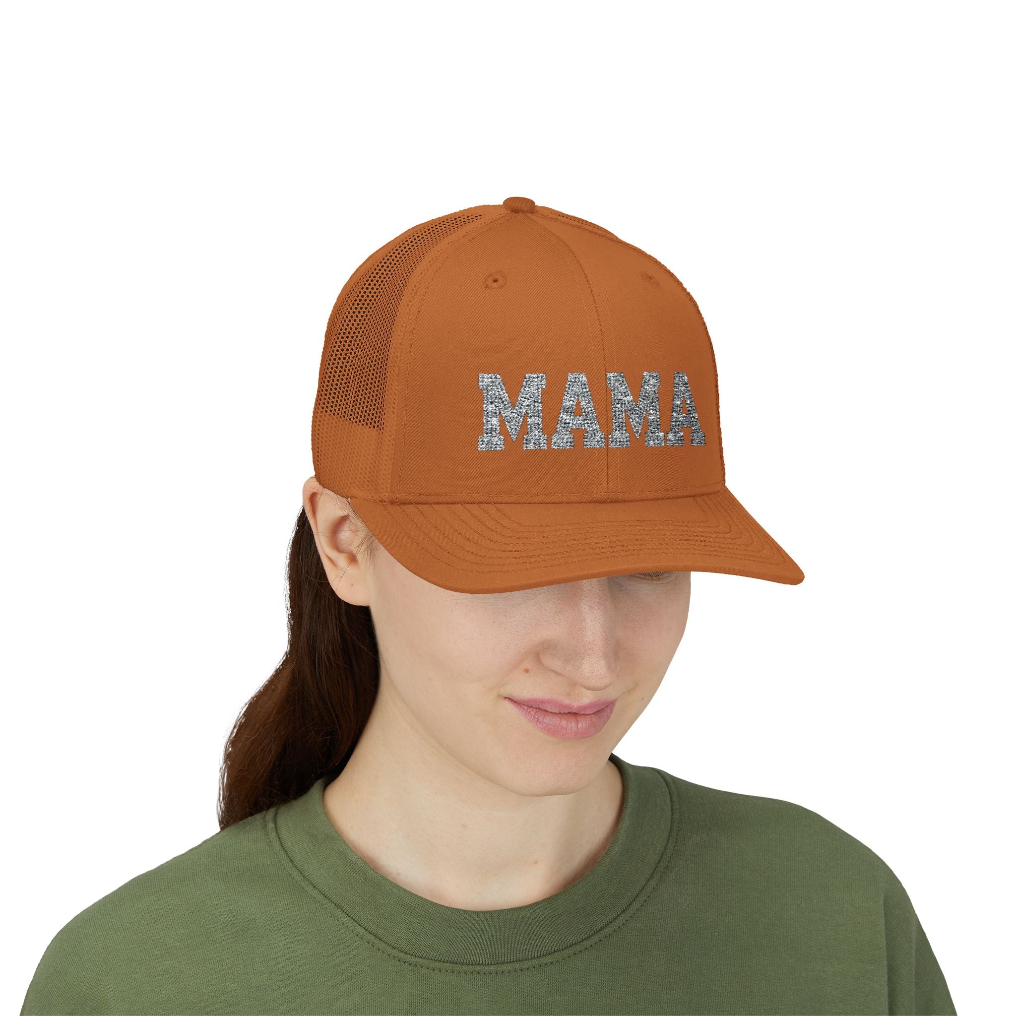 Mama Snapback Trucker Cap — Glitter Script "MAMA" Mesh Back Hat for Moms, Mother's Day Gift
