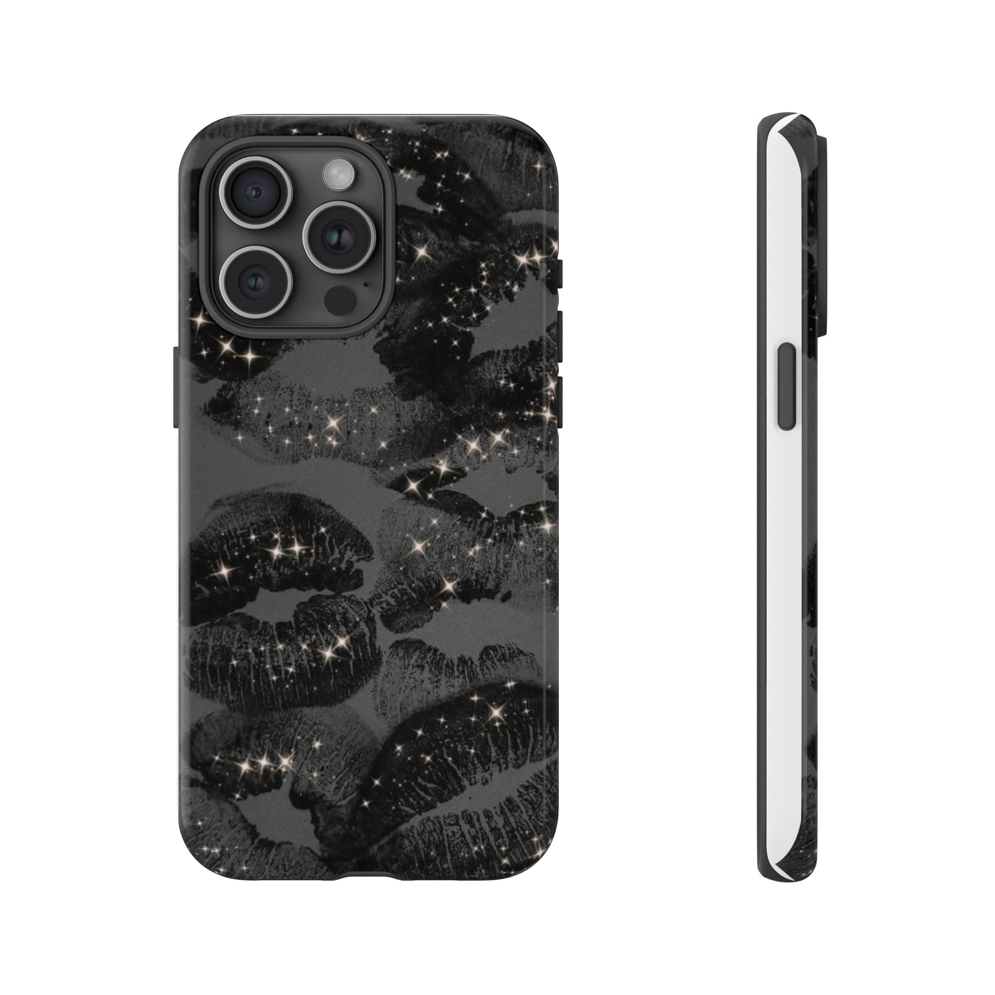 Black Glitter Kiss Phone Case — Sparkling Lip Print Protective Cover