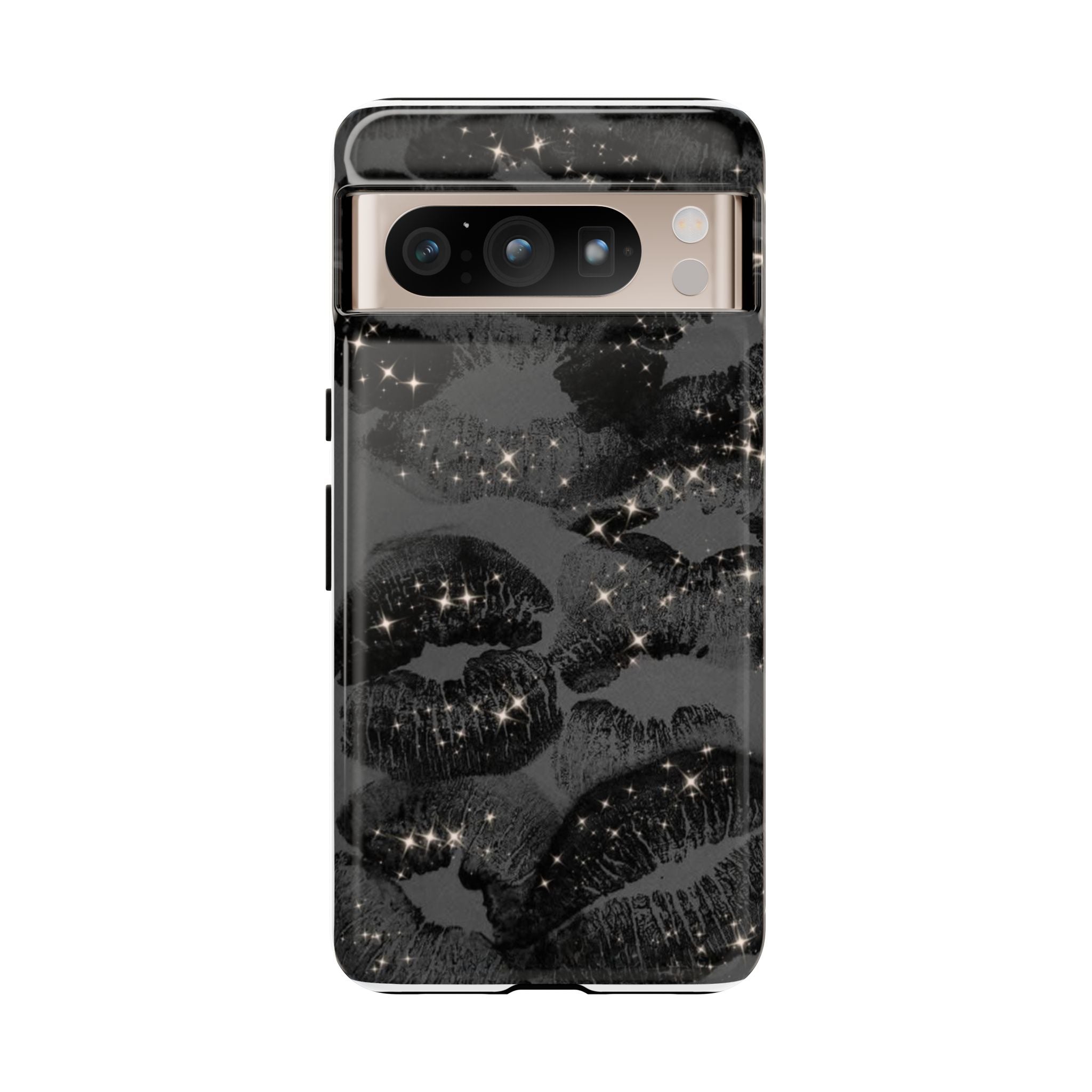 Black Glitter Kiss Phone Case — Sparkling Lip Print Protective Cover