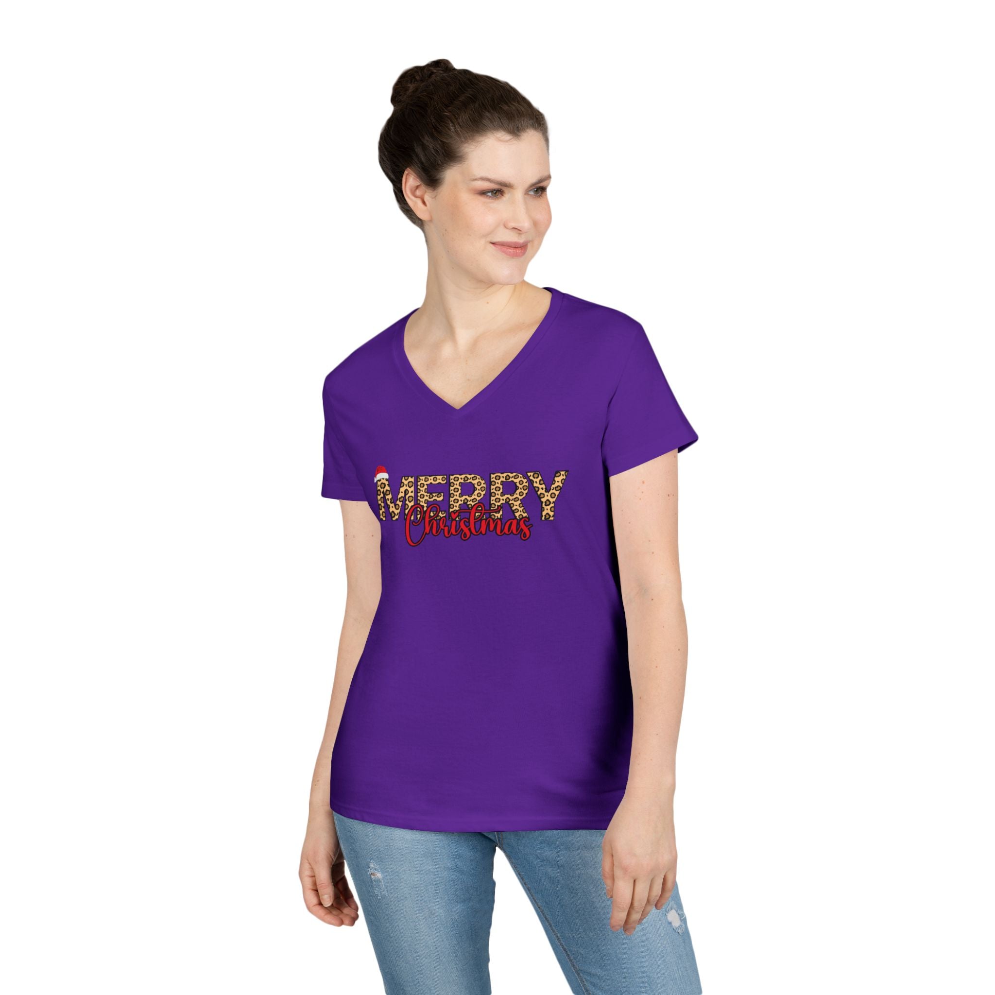 Merry Christmas Leopard Print V-Neck Tee