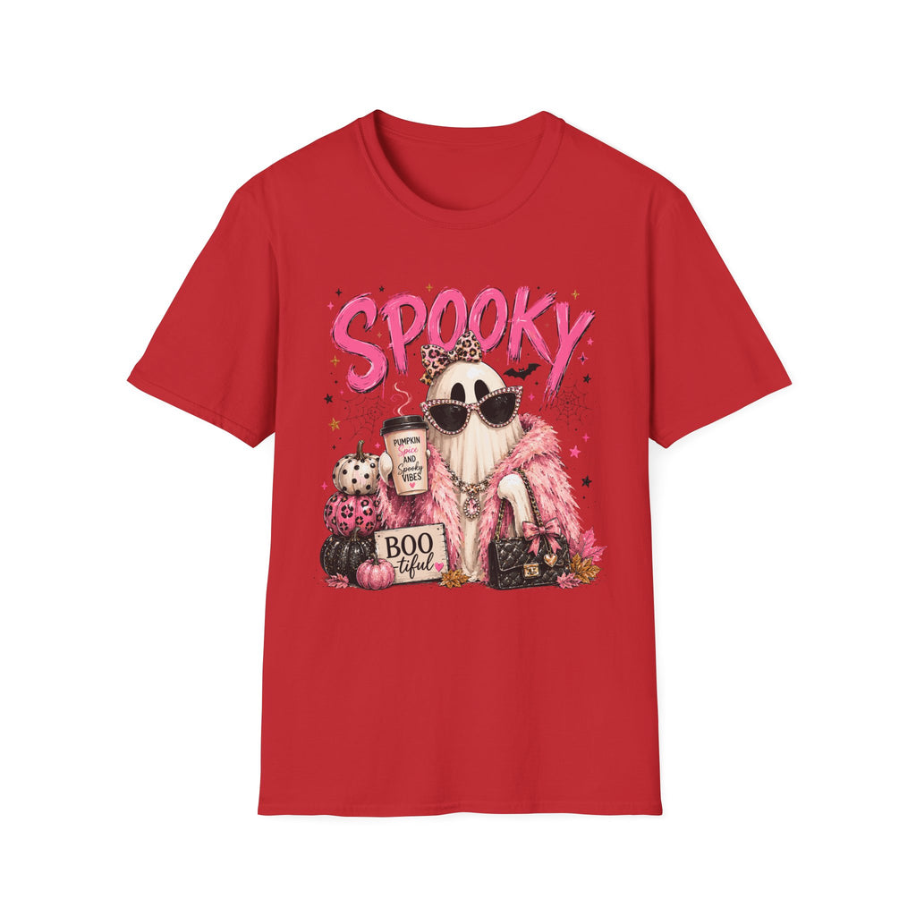 Spooky Glam T-Shirt — Cute Pink Ghost with Sunglasses & Pumpkin Latte
