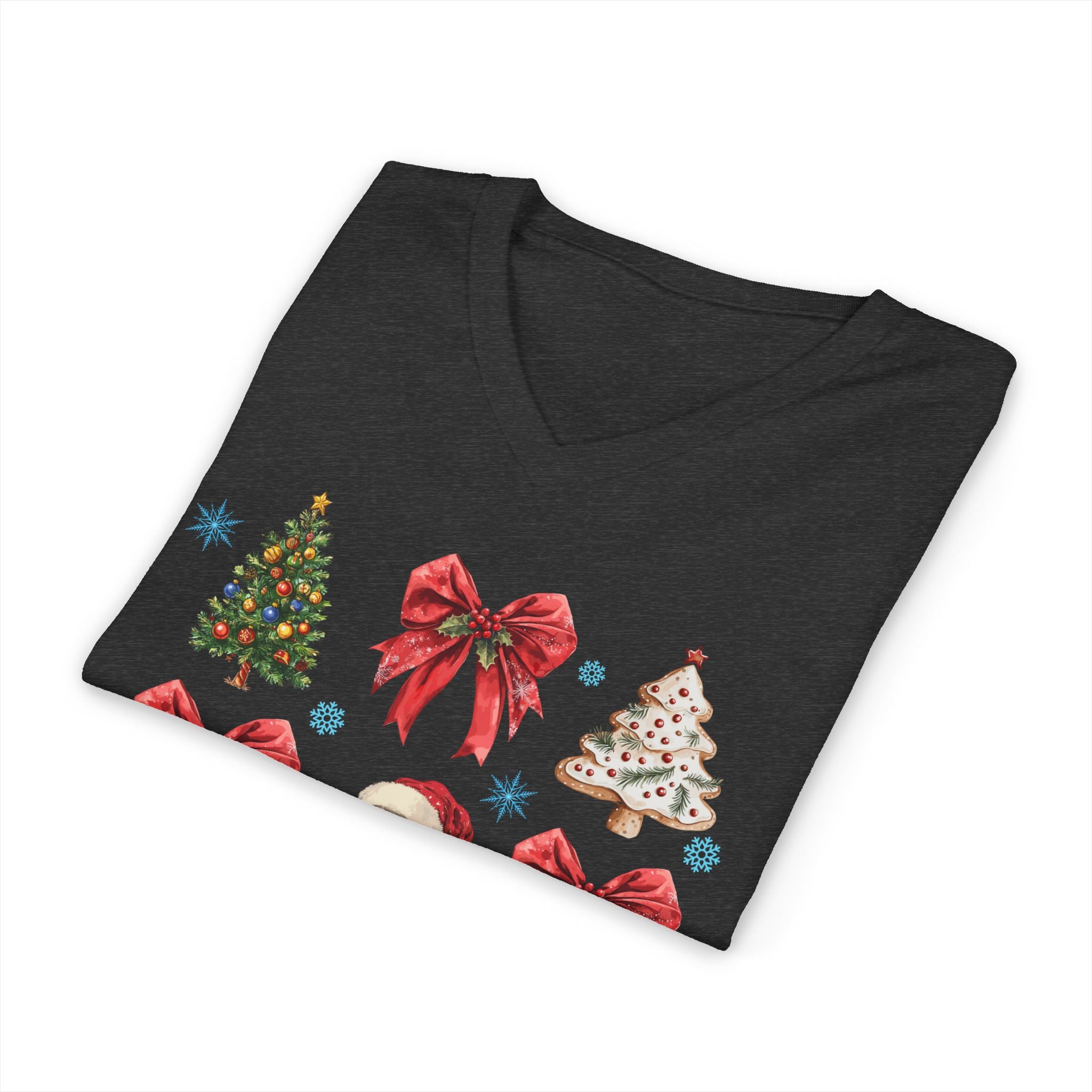 Christmas Icons V-Neck Tee — Santa, Trees & Holiday Bows