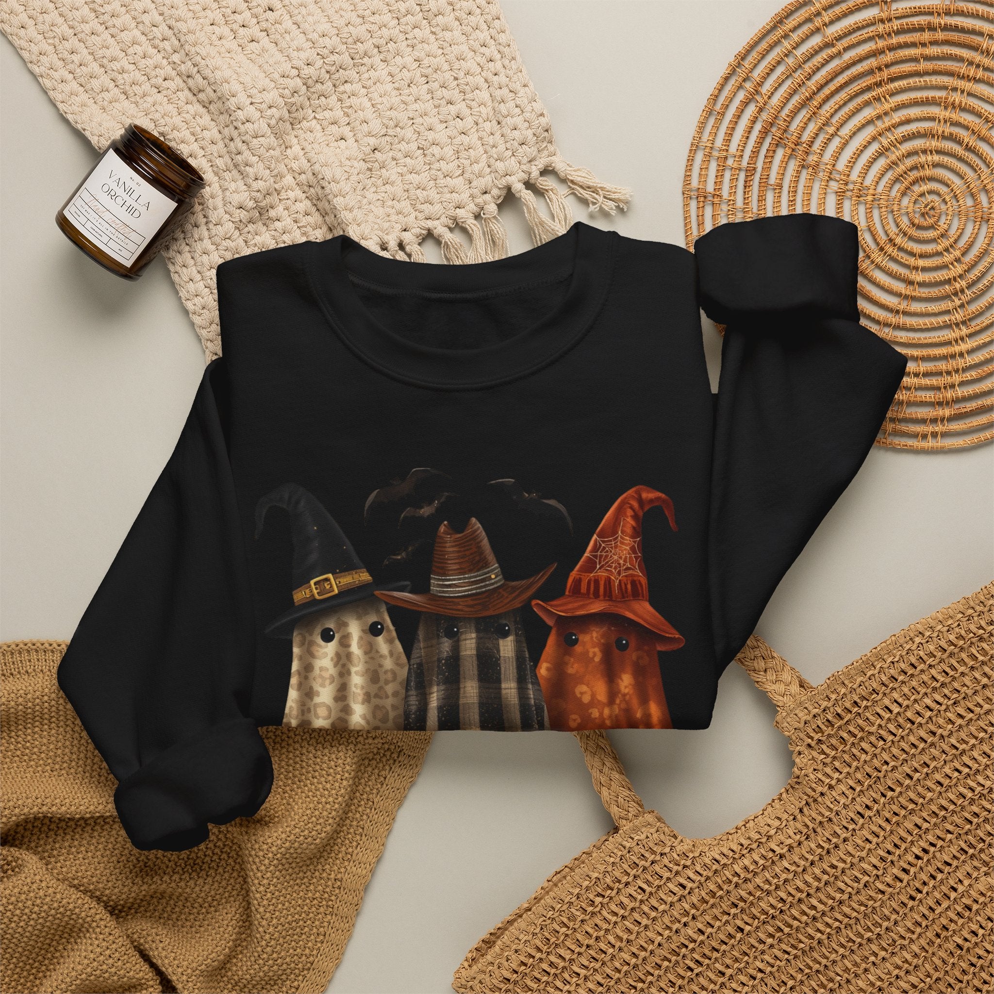 Halloween Witch Ghosts Crewneck Sweatshirt — Cozy Pumpkin & Bats Fall Graphic
