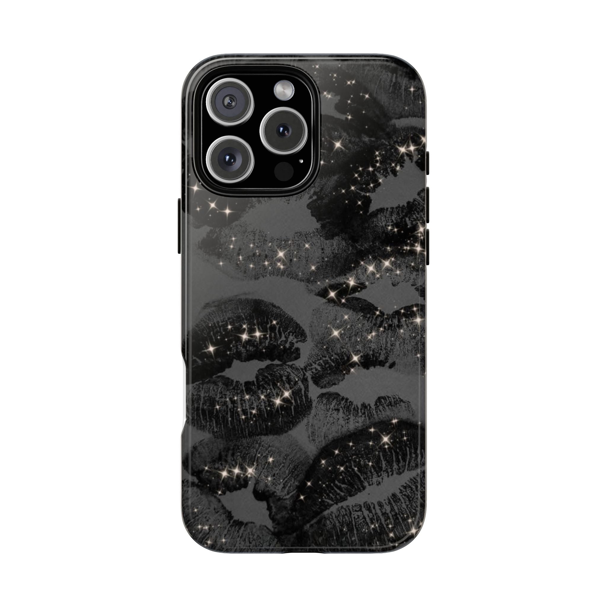Black Glitter Kiss Phone Case — Sparkling Lip Print Protective Cover