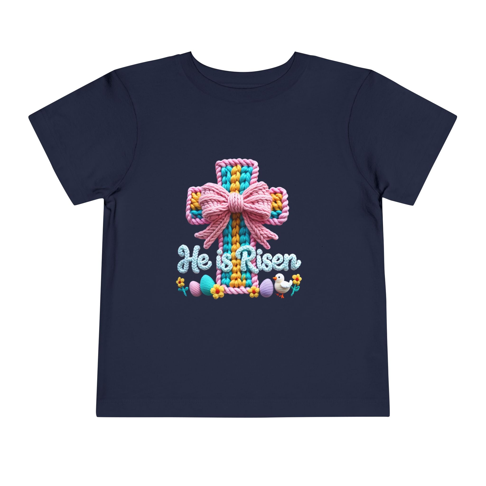 Easter Cross Toddler Tee — Colorful Knit Cross with "He is Risen" & Easter Eggs