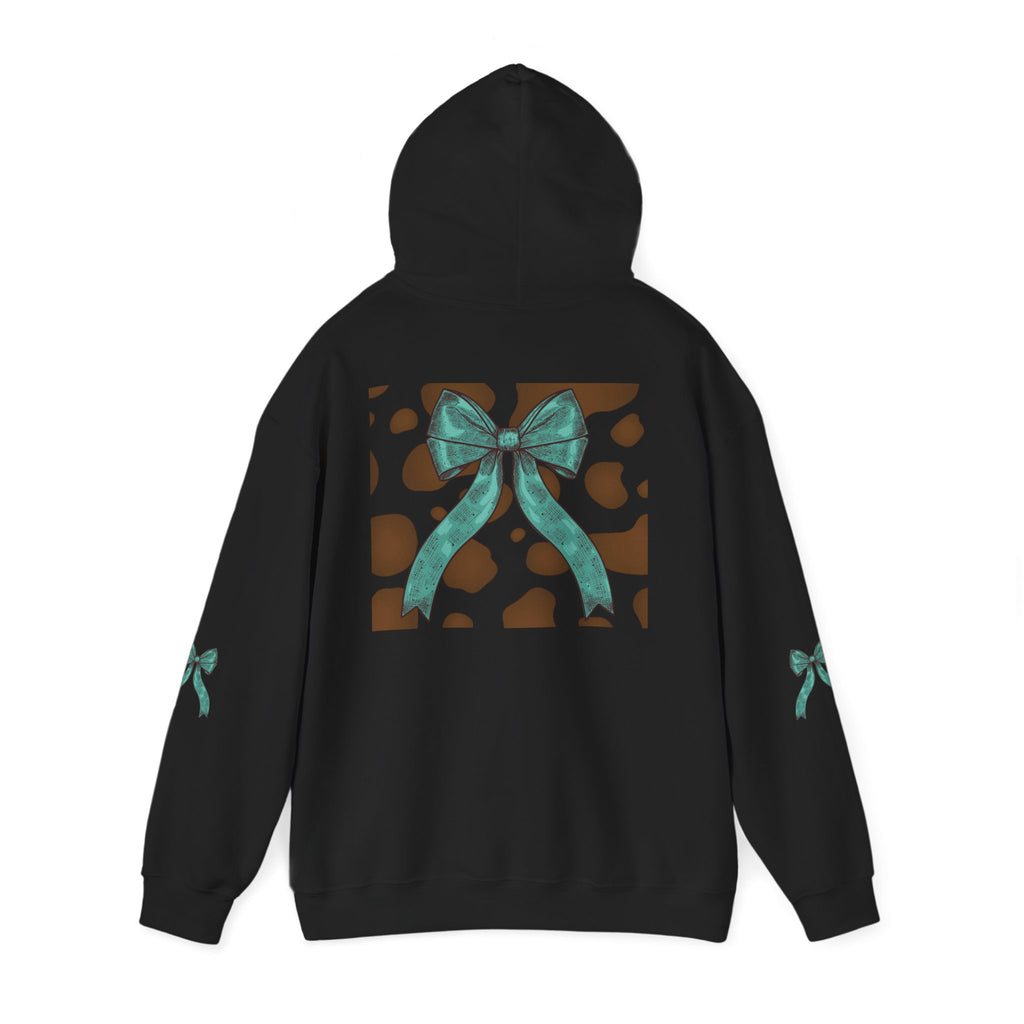 Mama Leopard Letters teal bow Hoodie | Cow print back panel, sleeve bows