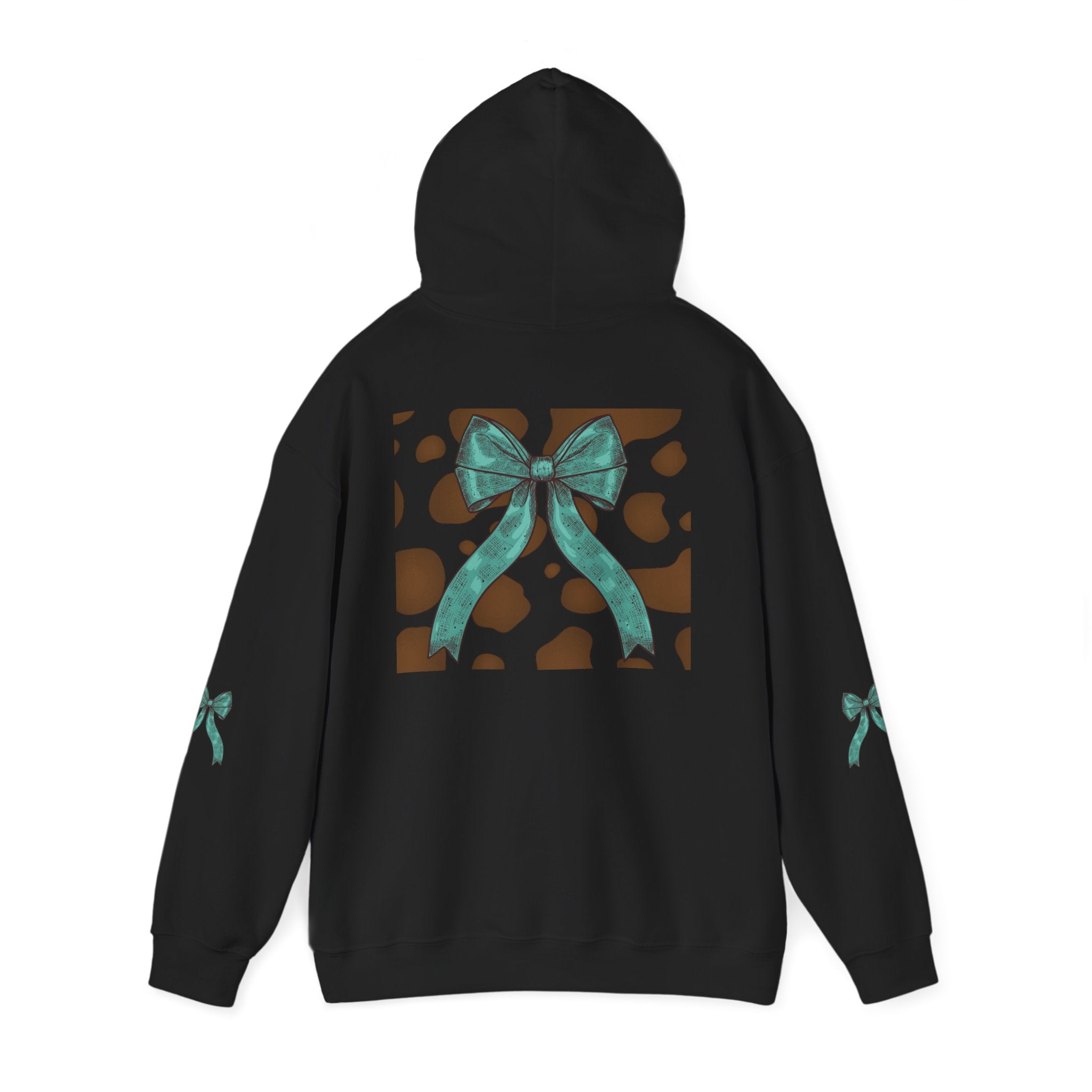 Mama Leopard Letters teal bow Hoodie | Cow print back panel, sleeve bows