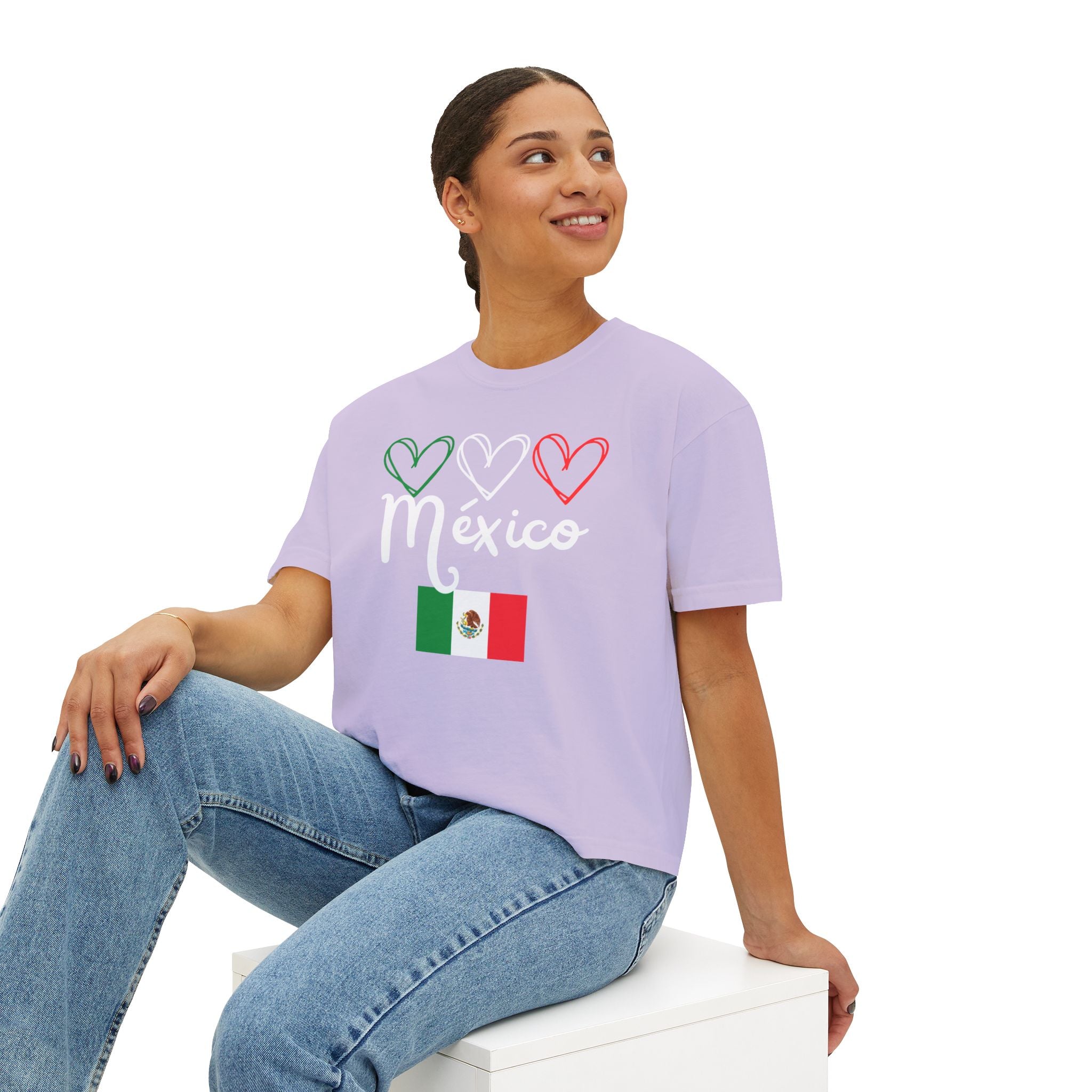 Mexico Flag Boxy Tee — Hearts & 'México' Women's Crop T-Shirt