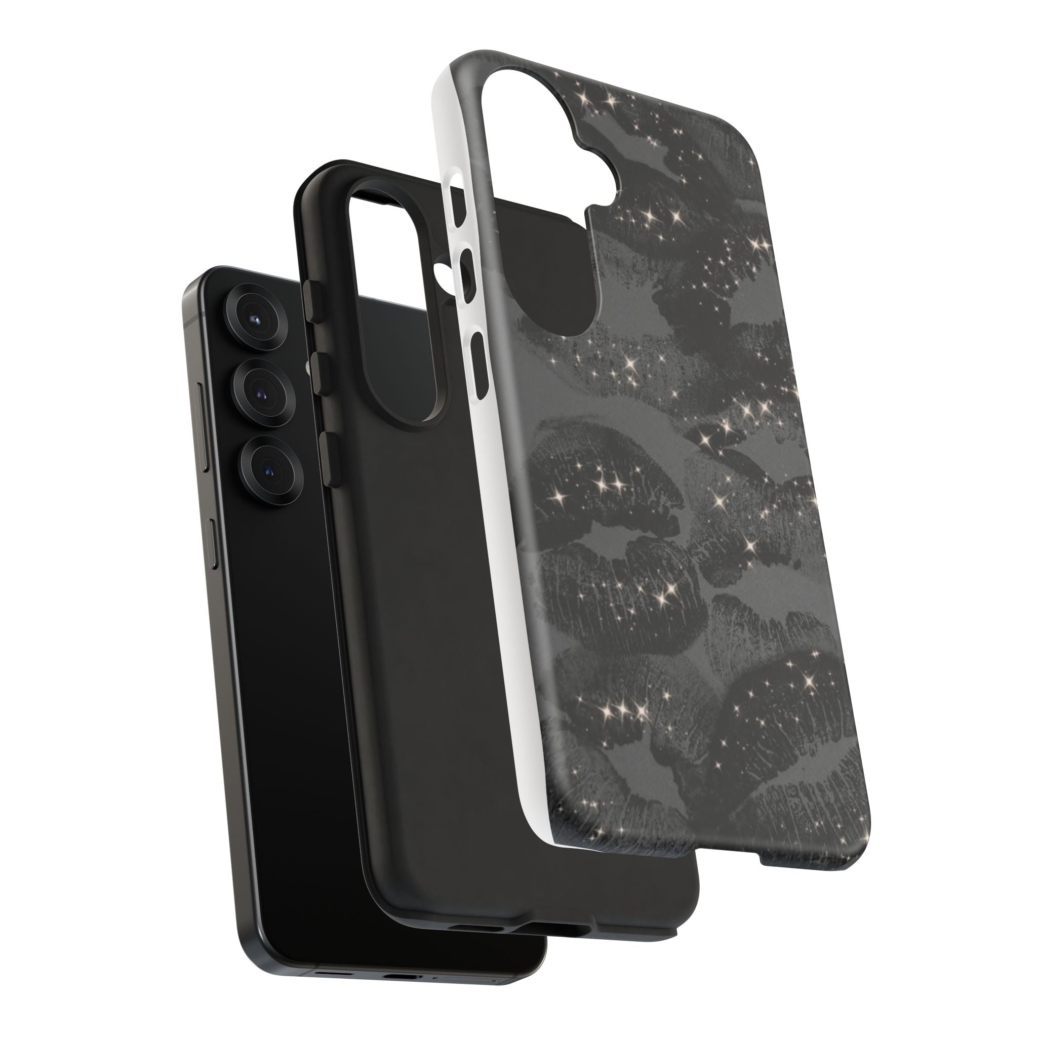 Black Glitter Kiss Phone Case — Sparkling Lip Print Protective Cover
