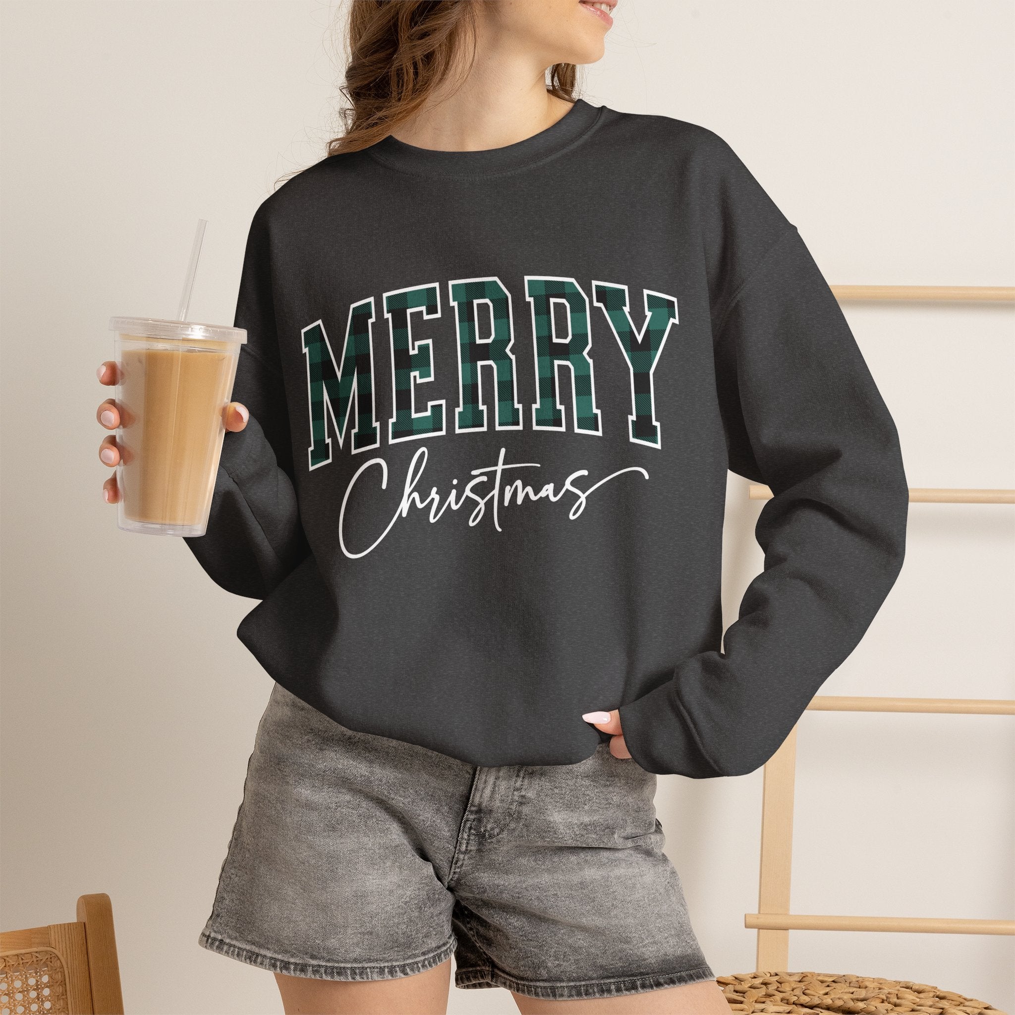 Merry Christmas Crewneck Sweatshirt – Plaid Holiday Graphic Crew