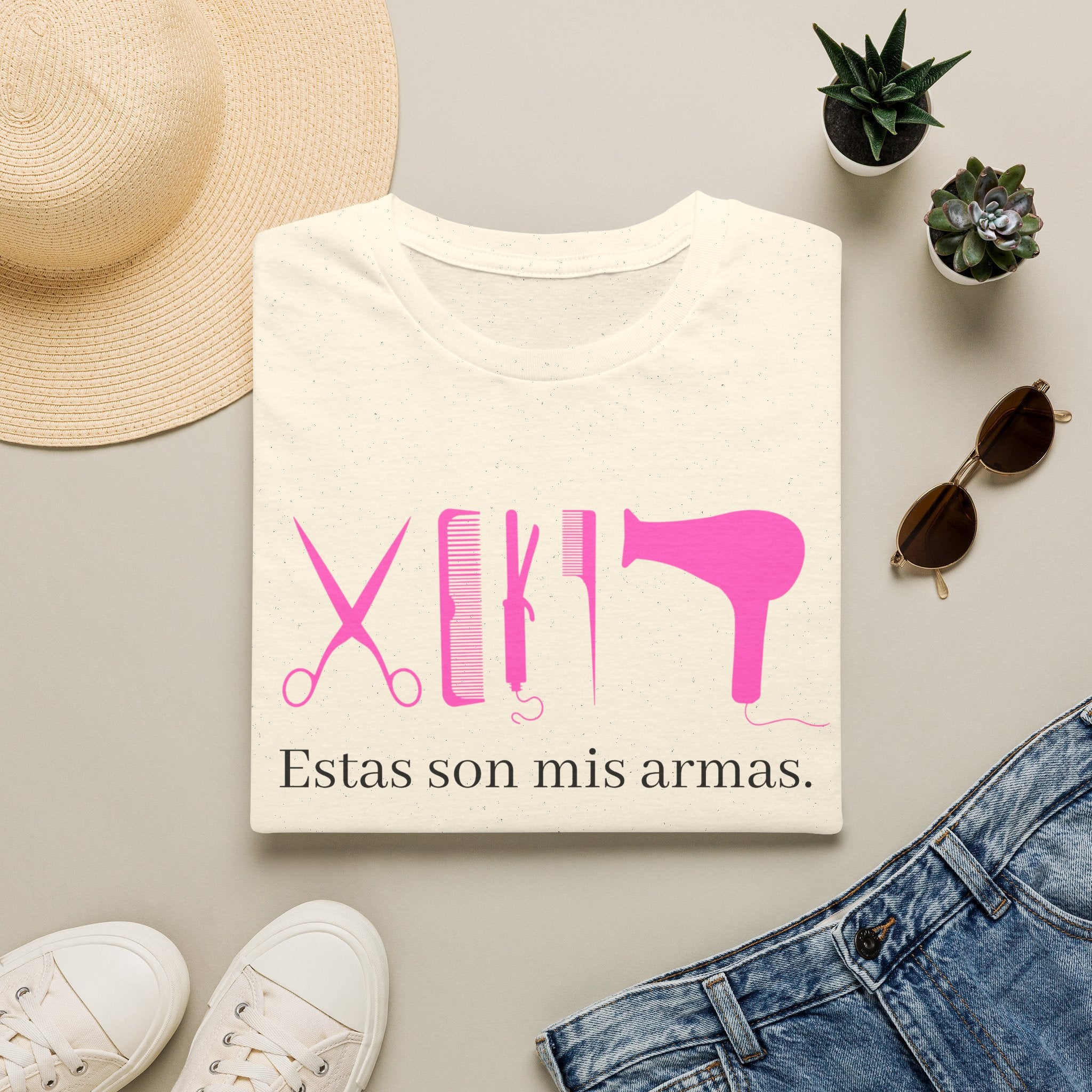 Hair Stylist Tools T-Shirt — "Estas son mis armas" Pink Salon Graphic