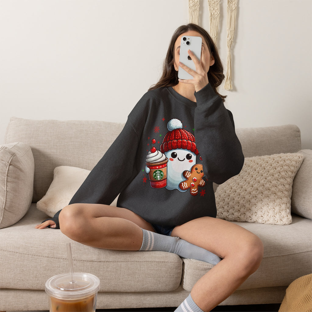Holiday Marshmallow Character Sweatshirt — Cute Snowman with Gingerbread & Hot Cocoa