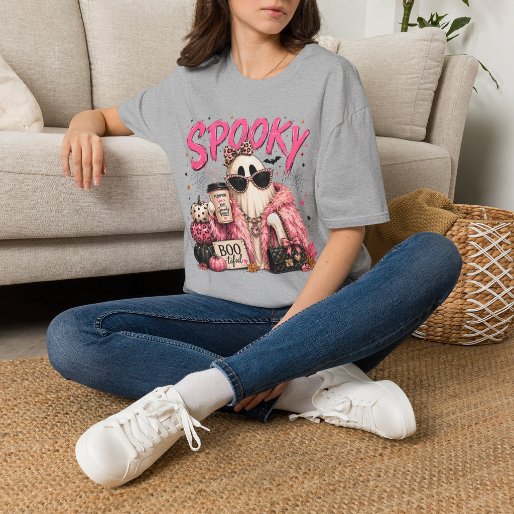 Spooky Glam T-Shirt — Cute Pink Ghost with Sunglasses & Pumpkin Latte