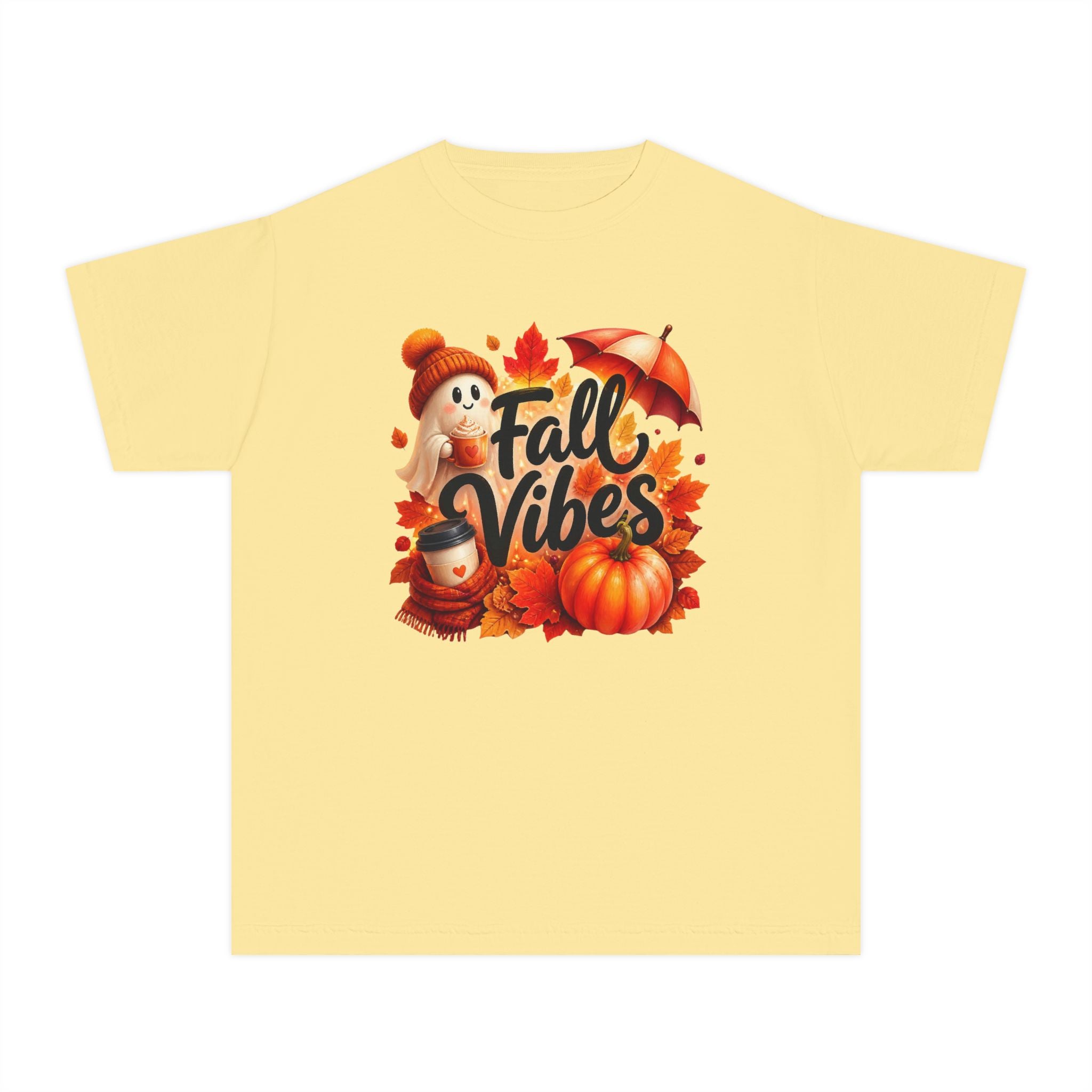 Fall Vibes Youth Tee — Cute Pumpkin, Leaves & Scarecrow Autumn Shirt