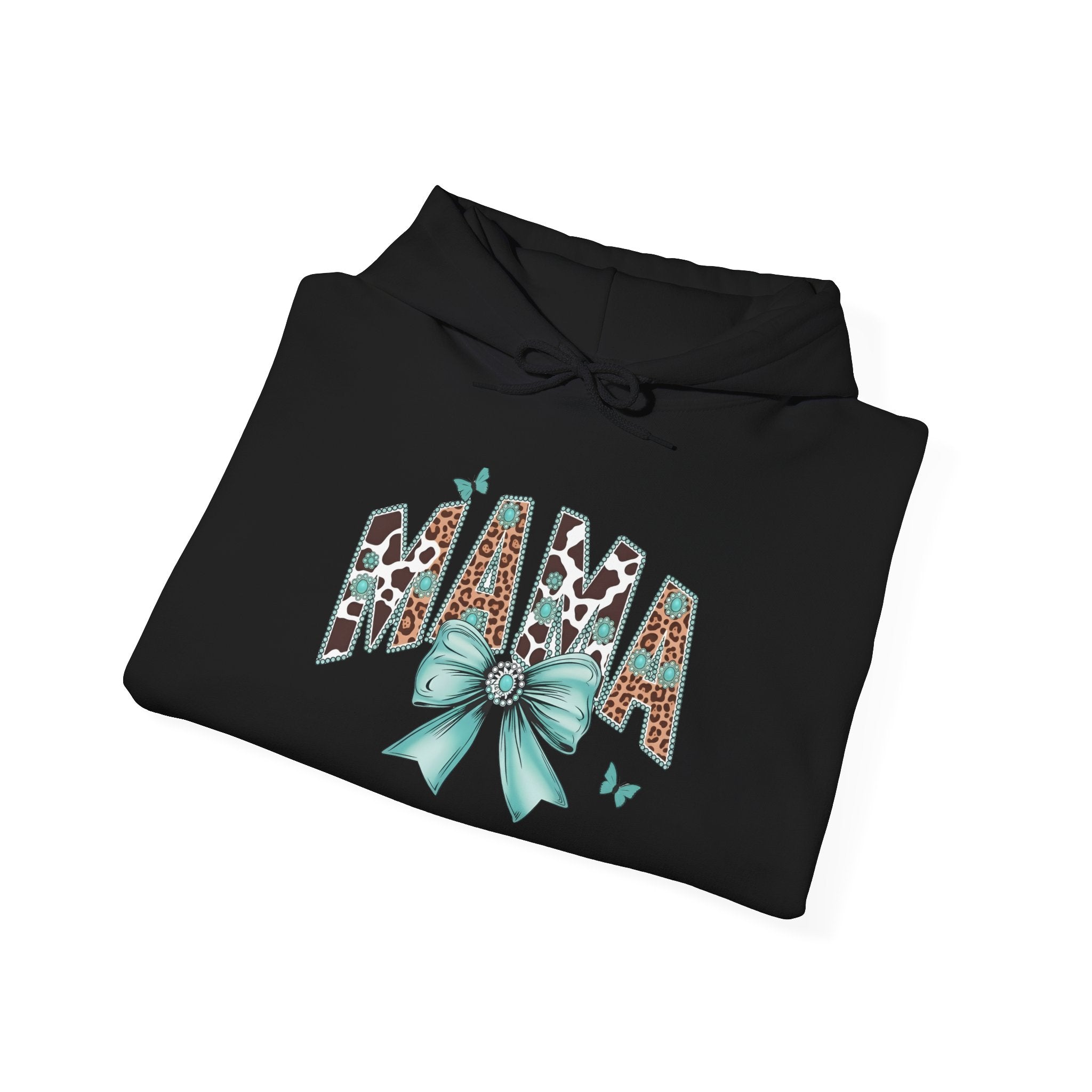 Mama Leopard Letters teal bow Hoodie | Cow print back panel, sleeve bows