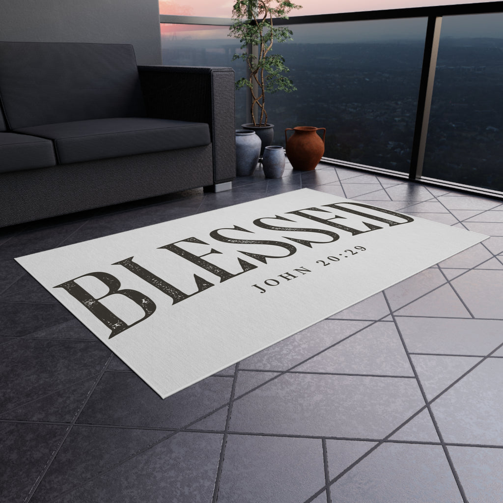 Blessed Outdoor Rug — "BLESSED" with John 20:29 Doormat