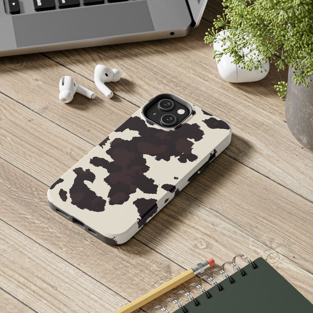 Cow Print Tough Phone Case — Brown Cream Protective Phone Cover