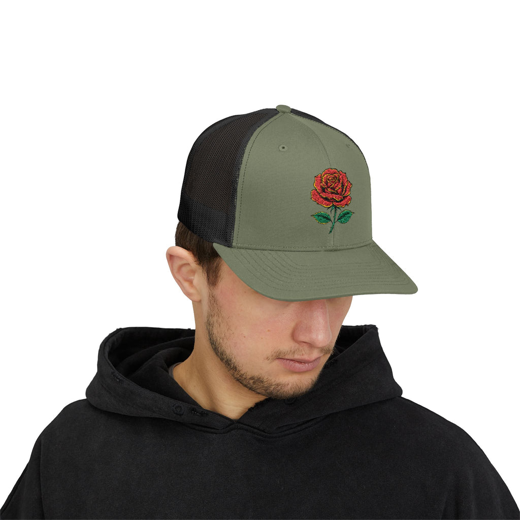 Embroidered Red Rose Trucker Cap