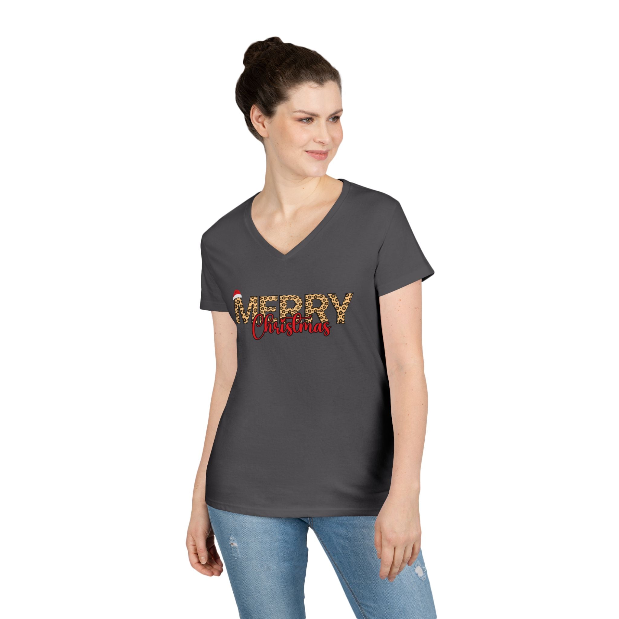 Merry Christmas Leopard Print V-Neck Tee