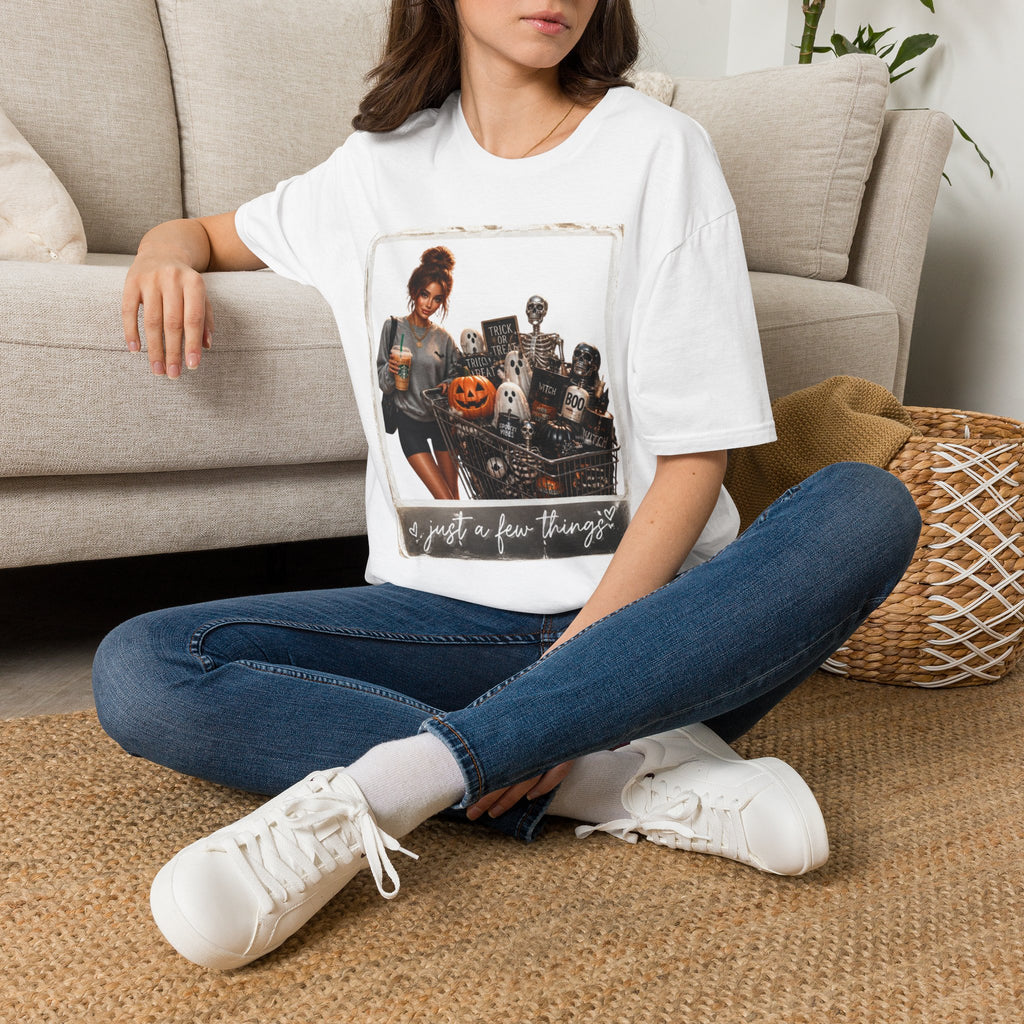 Halloween Cozy Tee — Woman with Pumpkin & Skeleton Graphic