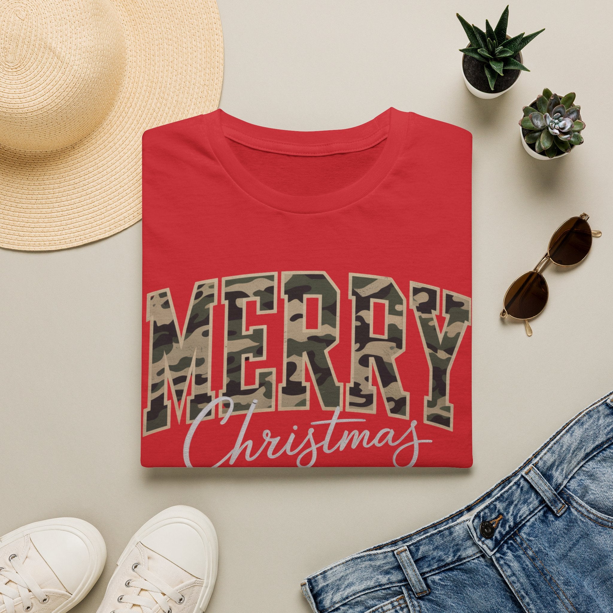 Merry Christmas Camo Tee — Women's Holiday Graphic T-Shirt