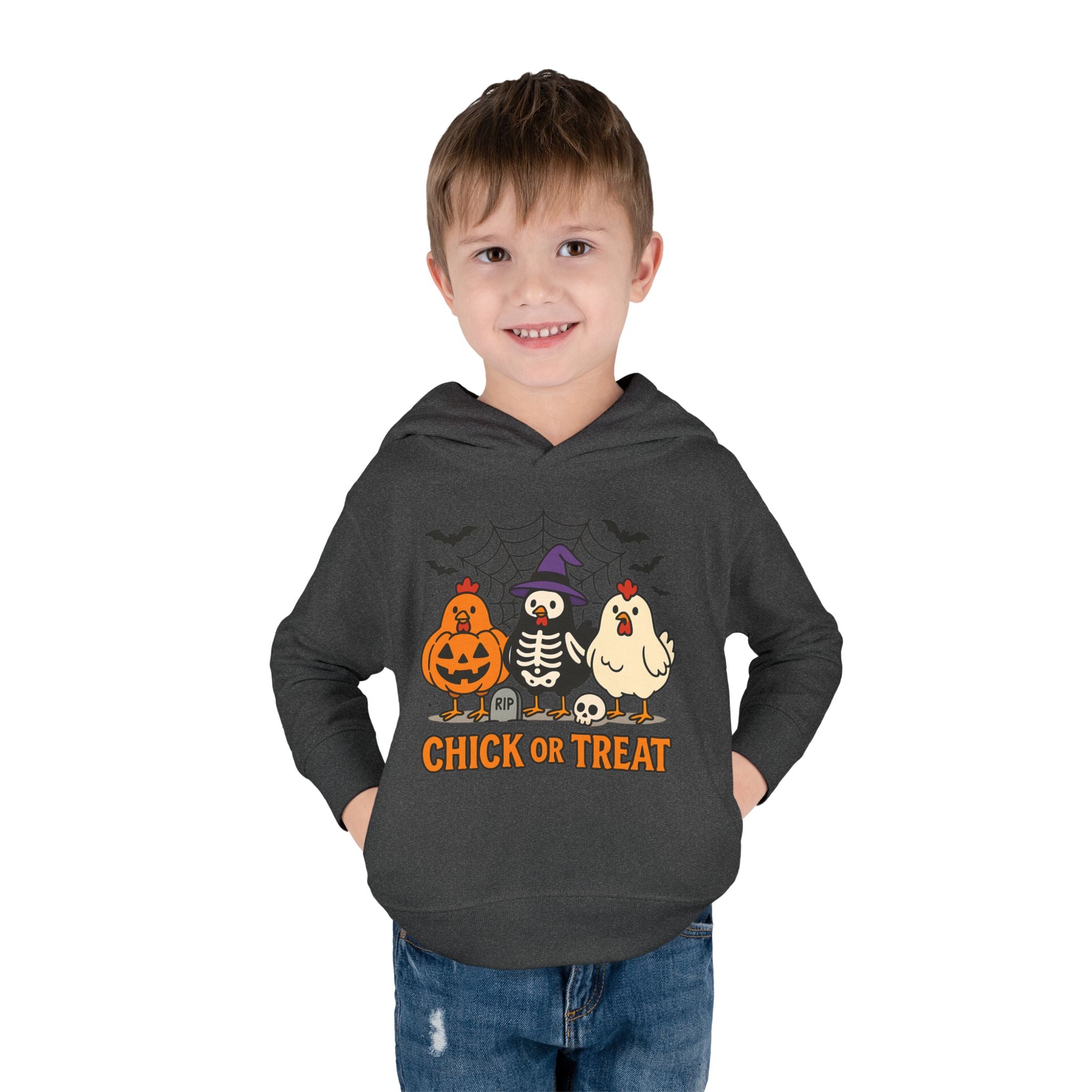 Toddler Halloween Pullover Hoodie – "Chick or Treat" Pumpkin Skeleton Chicken Kids Fleece