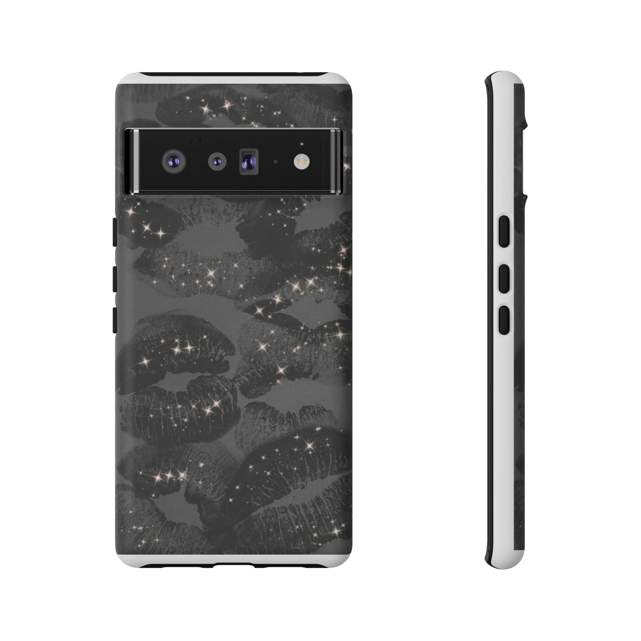 Black Glitter Kiss Phone Case — Sparkling Lip Print Protective Cover