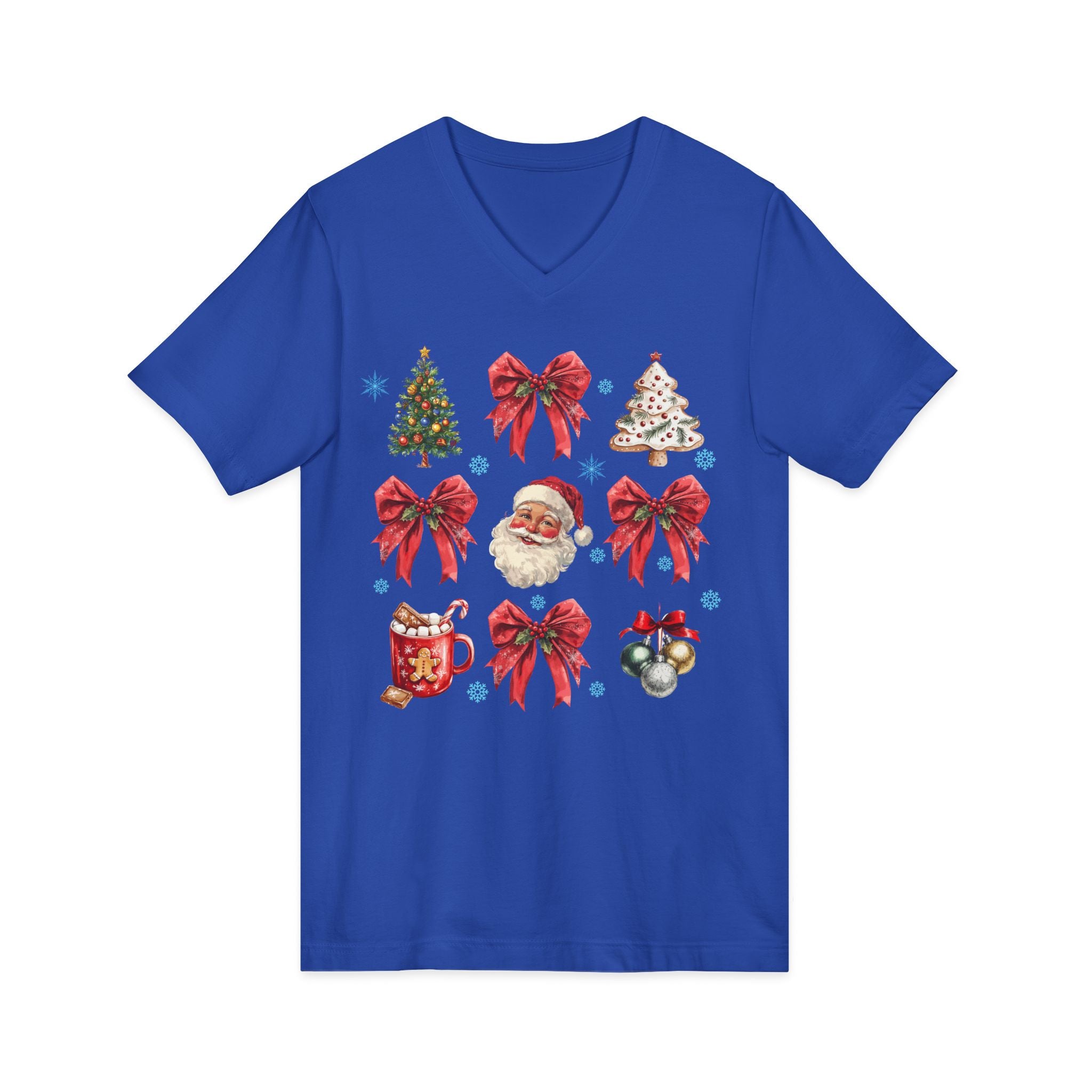 Christmas Icons V-Neck Tee — Santa, Trees & Holiday Bows