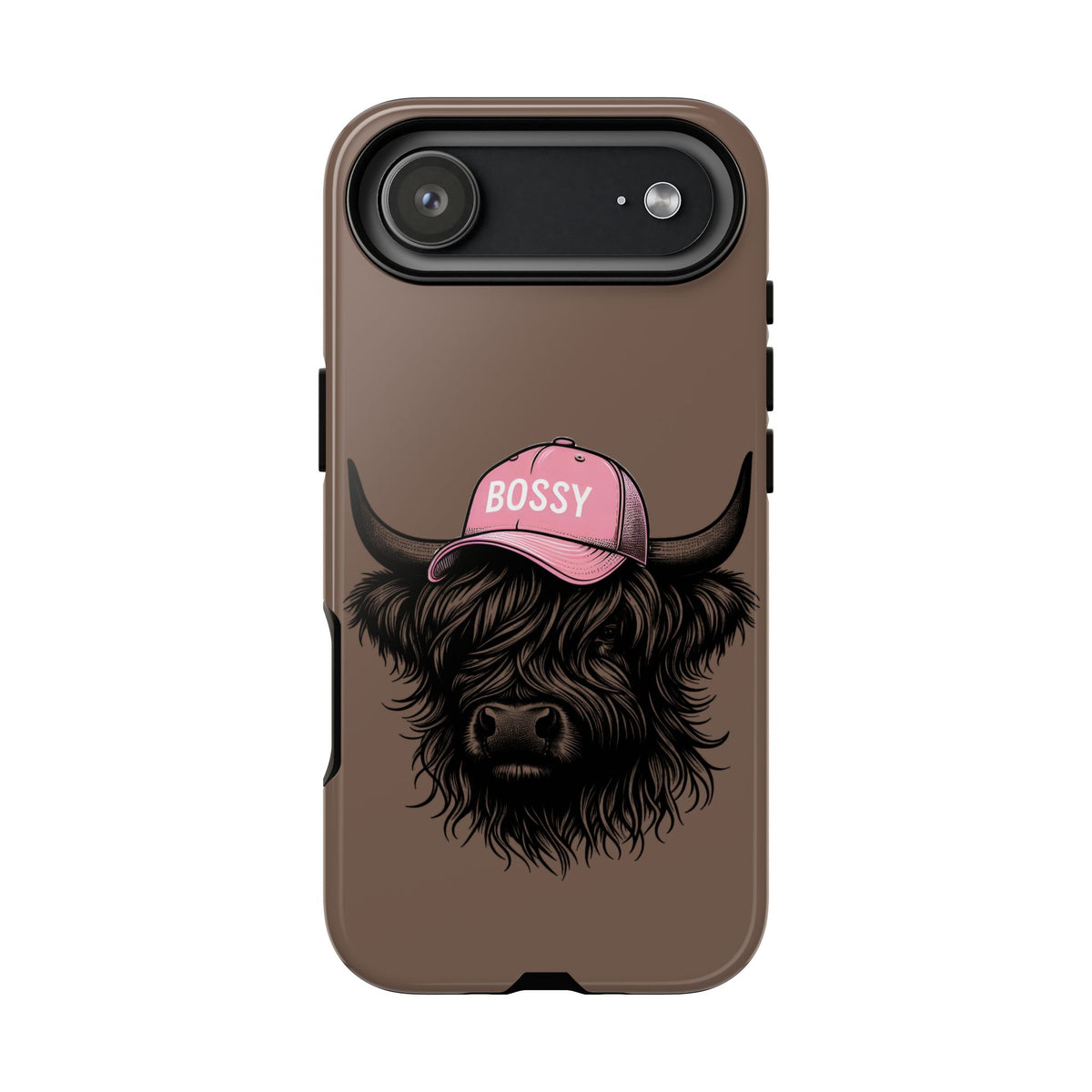 Phone Case — Highland Cow Wearing 'BOSSY' Pink Hat, Cute Farm Animal Protective Cover