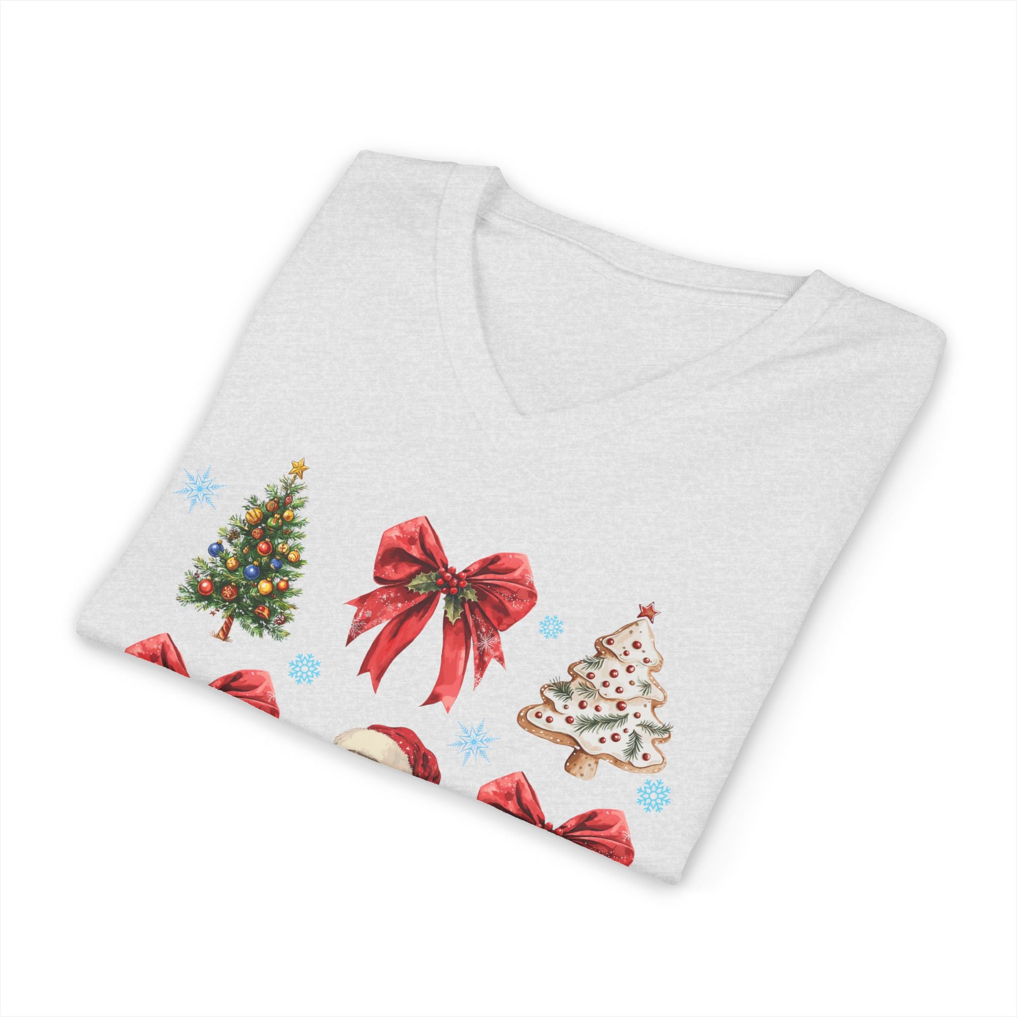 Christmas Icons V-Neck Tee — Santa, Trees & Holiday Bows