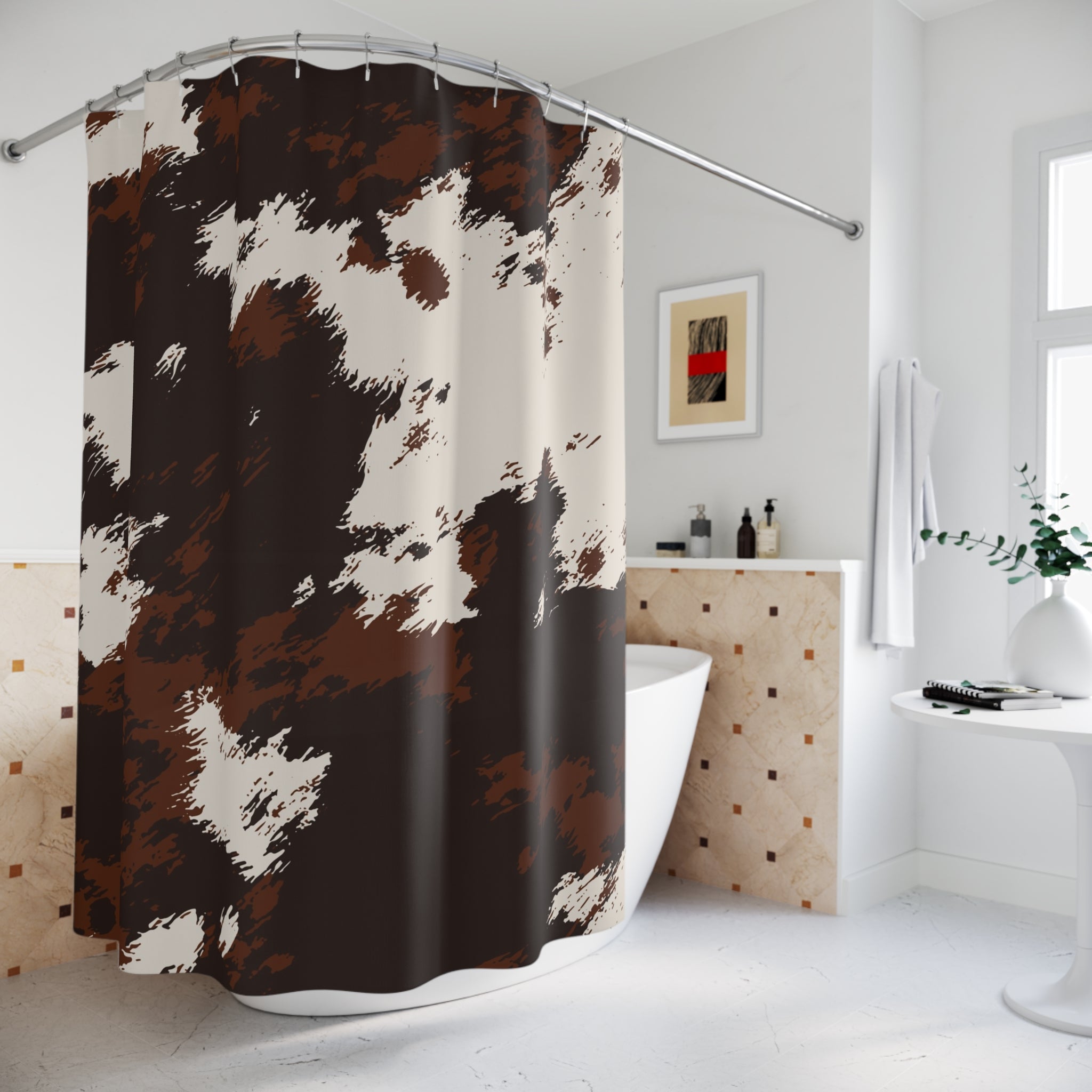 Cowhide Pattern Shower Curtain — Rustic Brown & White Bathroom Decor