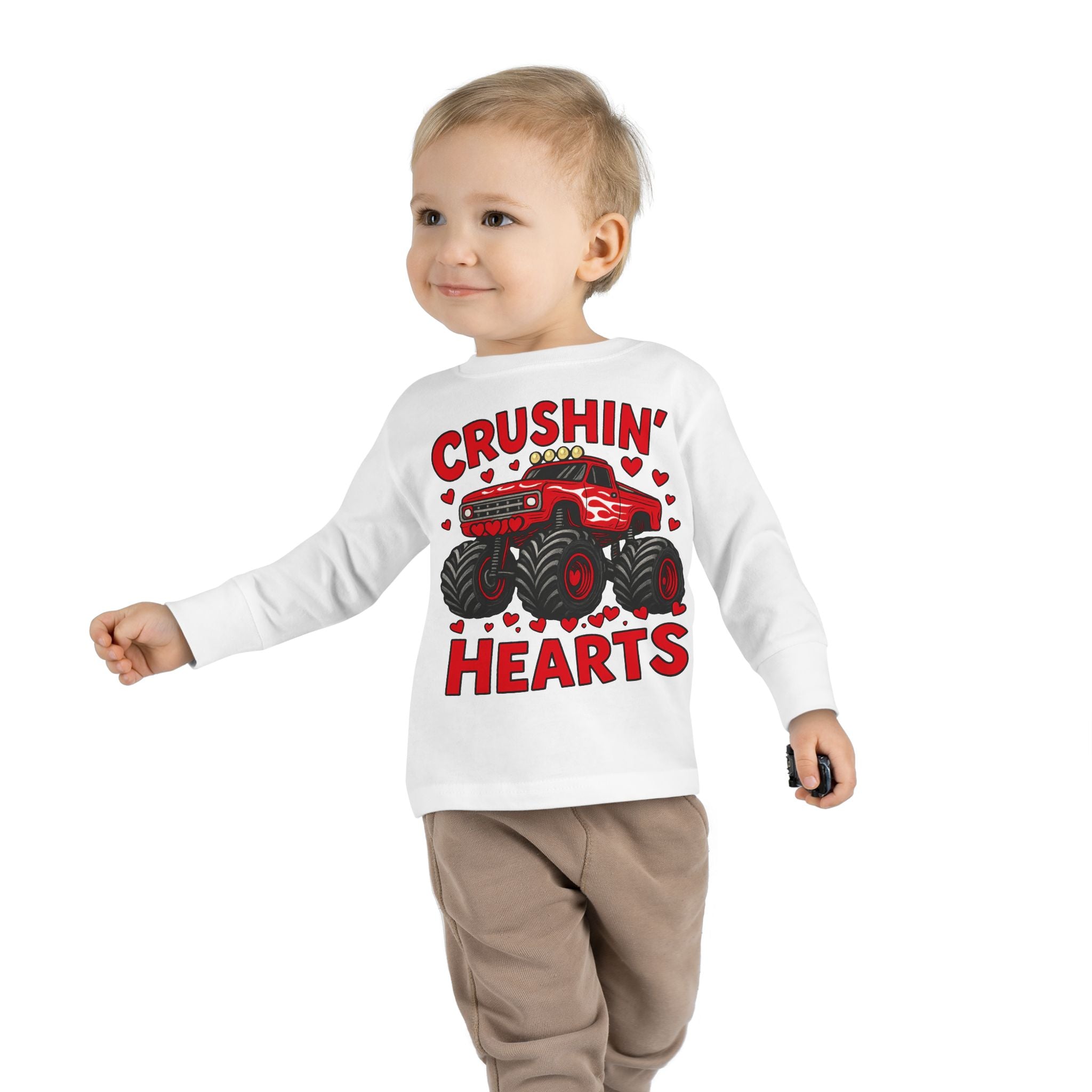 Crushin' Hearts Toddler Long Sleeve Tee - Monster Truck Valentine Shirt