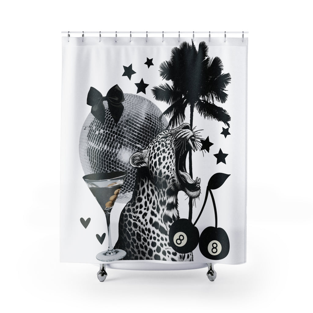 Disco Jungle Shower Curtain — Retro Leopard, Palm Trees & Martini Bathroom Decor