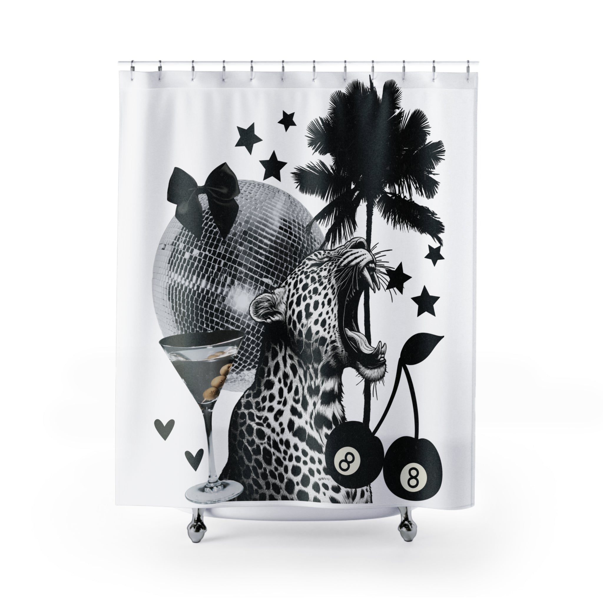 Disco Jungle Shower Curtain — Retro Leopard, Palm Trees & Martini Bathroom Decor
