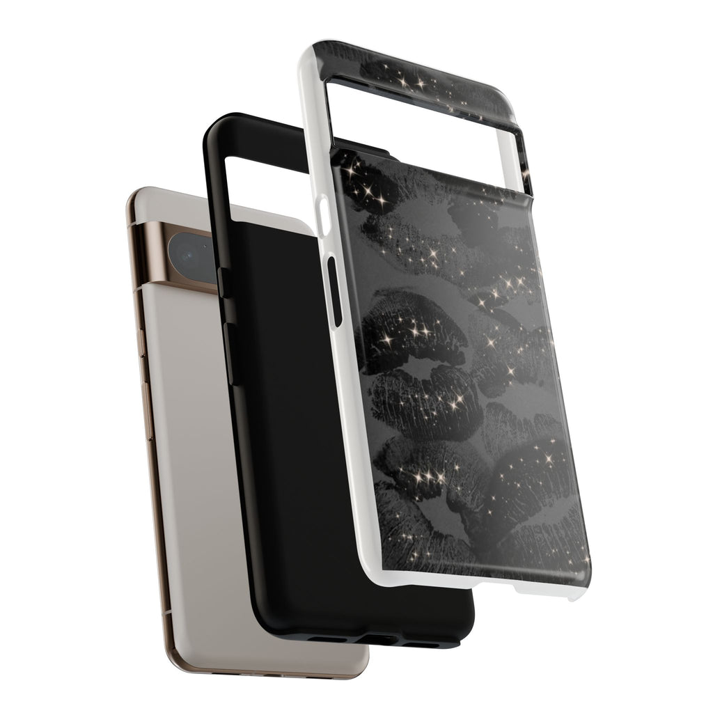Black Glitter Kiss Phone Case — Sparkling Lip Print Protective Cover