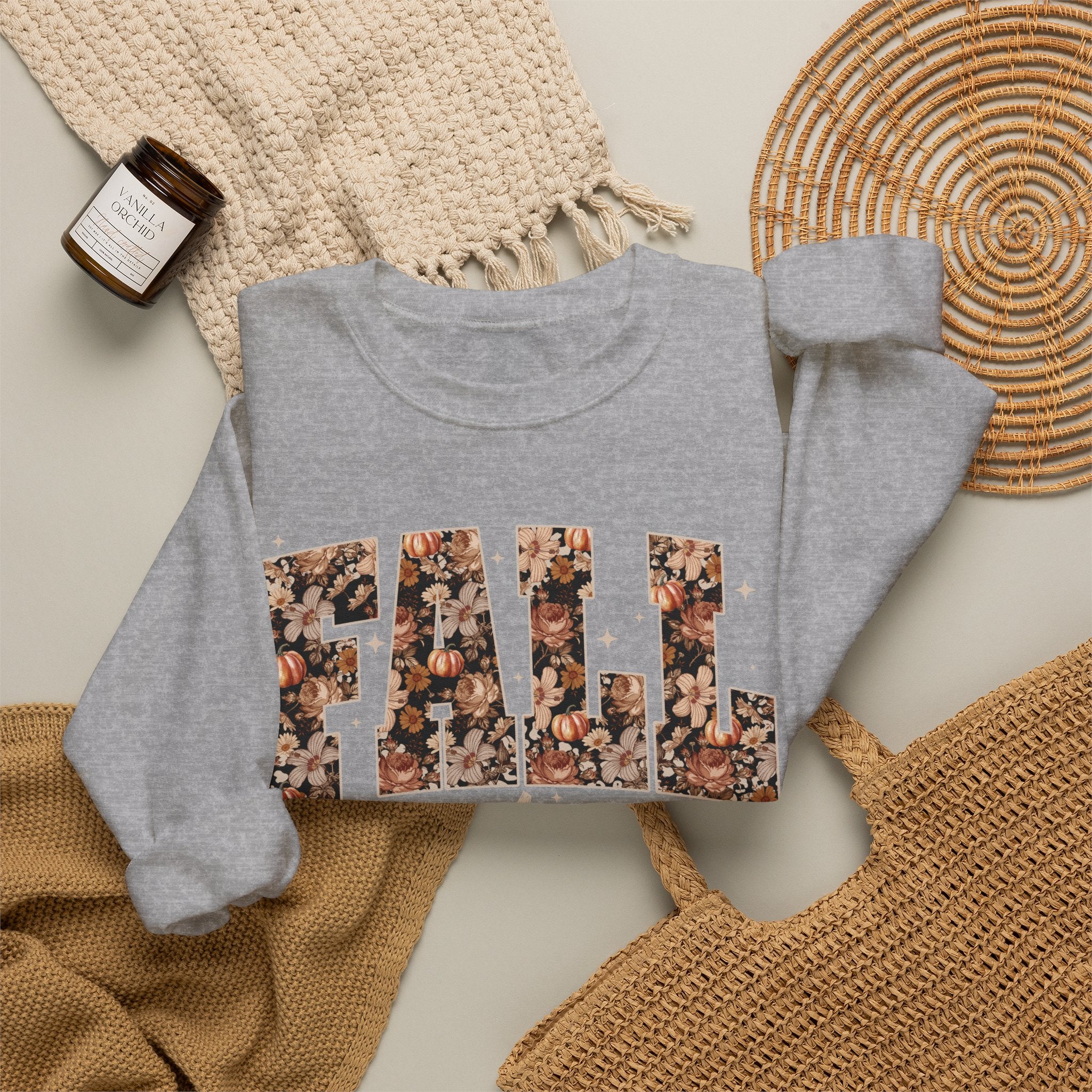 Fall Vibes Crewneck Sweatshirt — Floral Lettering Autumn Pullover