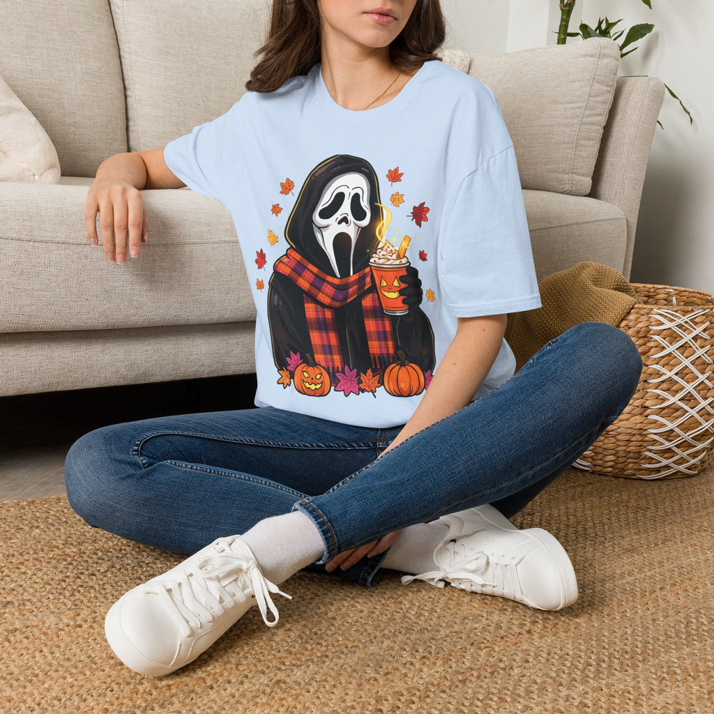 Halloween Scream Mask T‑Shirt — Cozy Fall Pumpkin & Hot Cocoa Graphic Tee