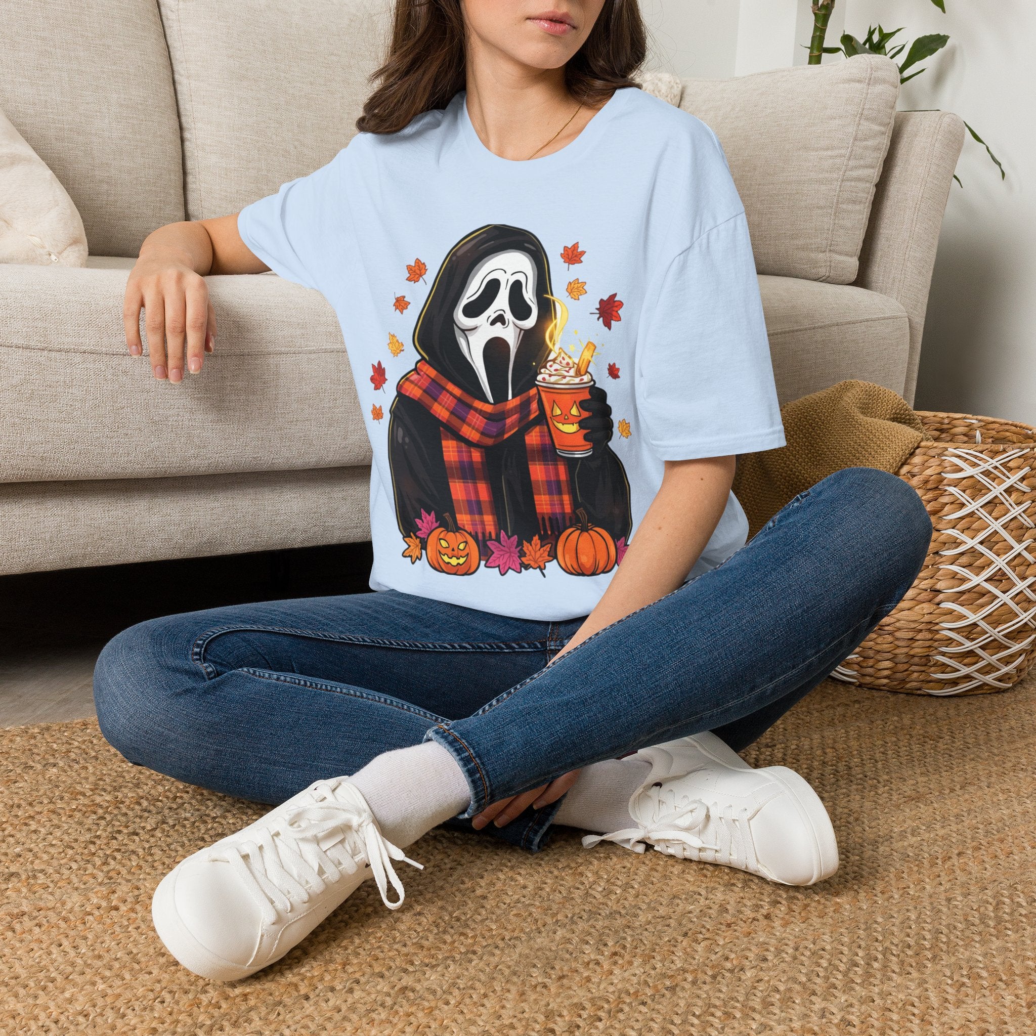 Halloween Scream Mask T‑Shirt — Cozy Fall Pumpkin & Hot Cocoa Graphic Tee