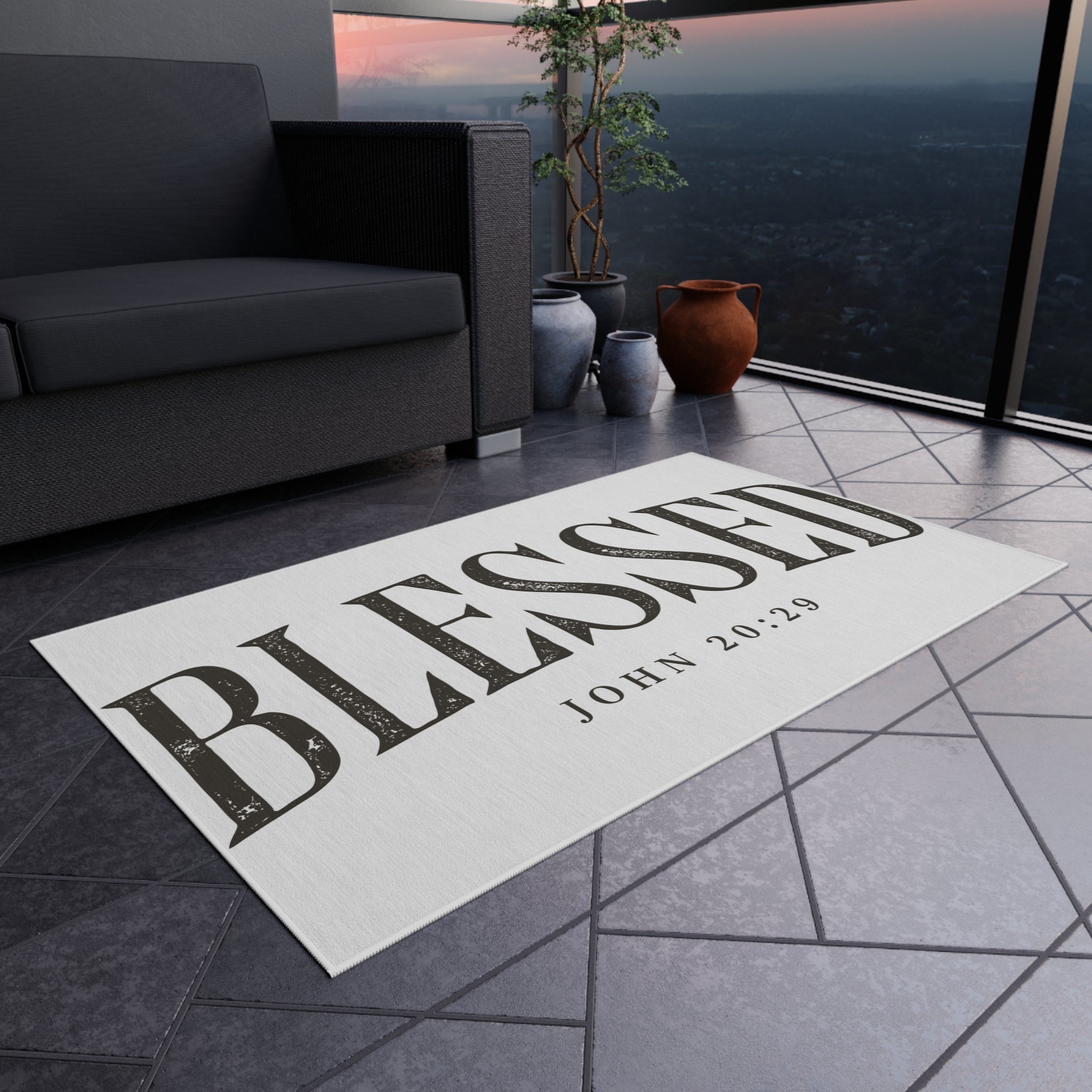 Blessed Outdoor Rug — "BLESSED" with John 20:29 Doormat
