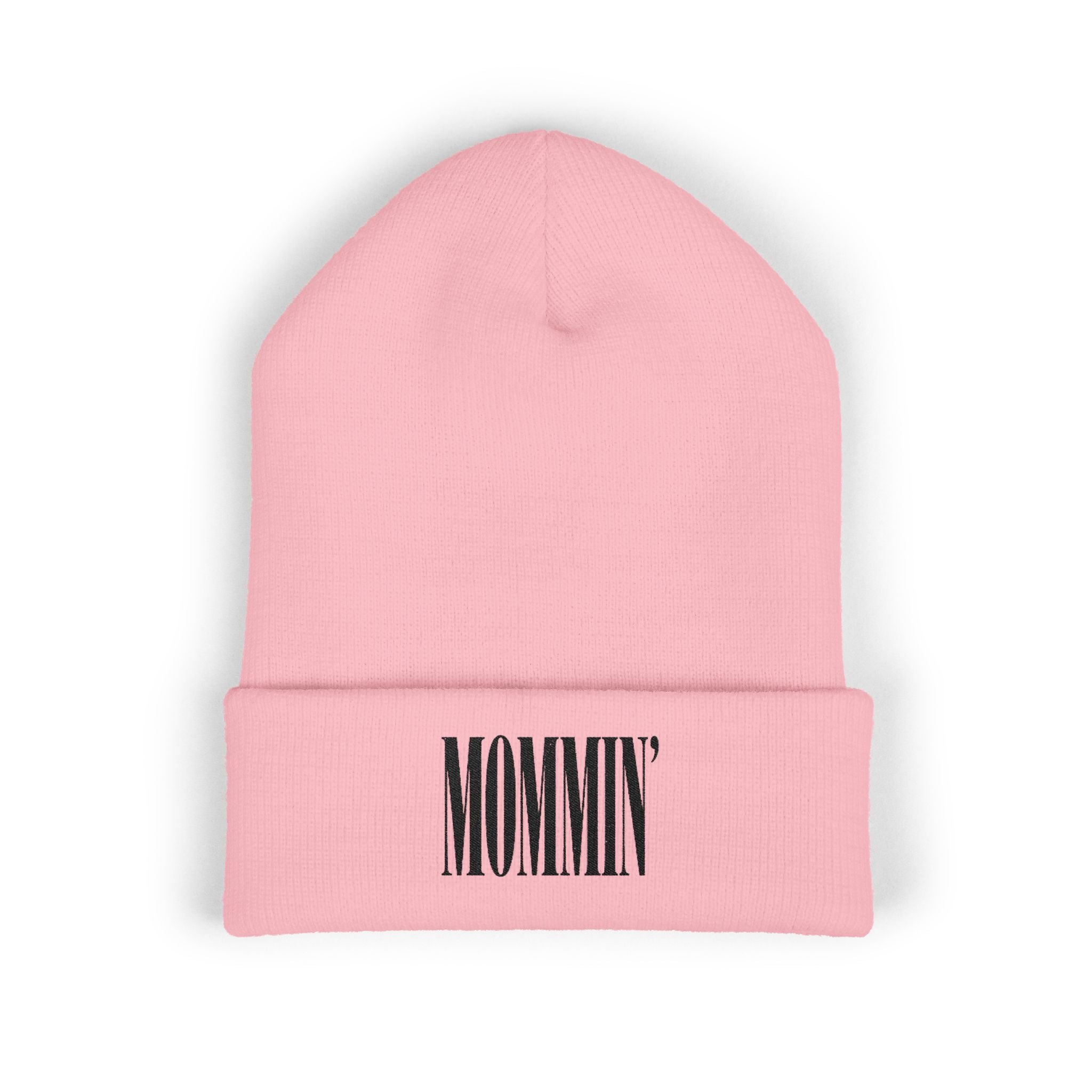 Embroidered "Mommin'" Cuffed Beanie — Cozy Knit Mom Hat