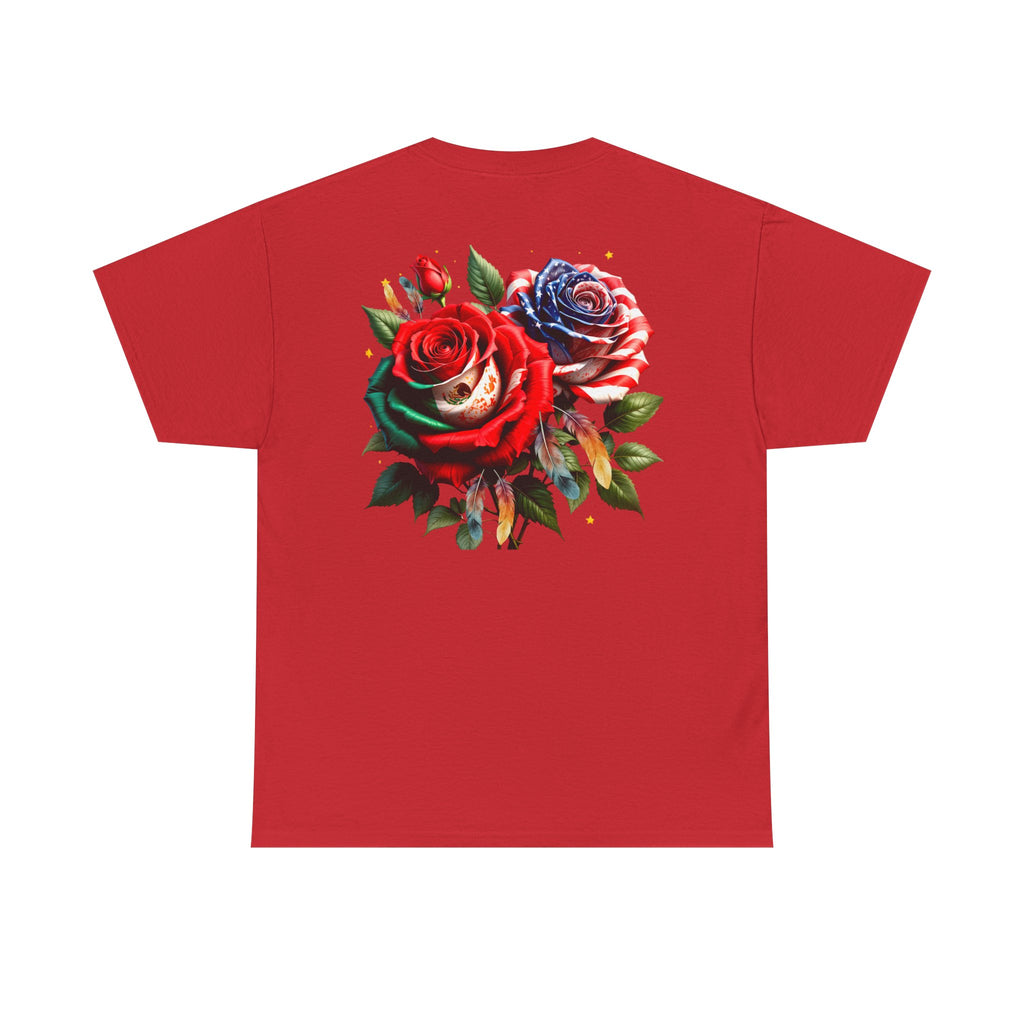 American & Italian Flag Tee with Vintage Rose Back — Patriotic Floral T-Shirt
