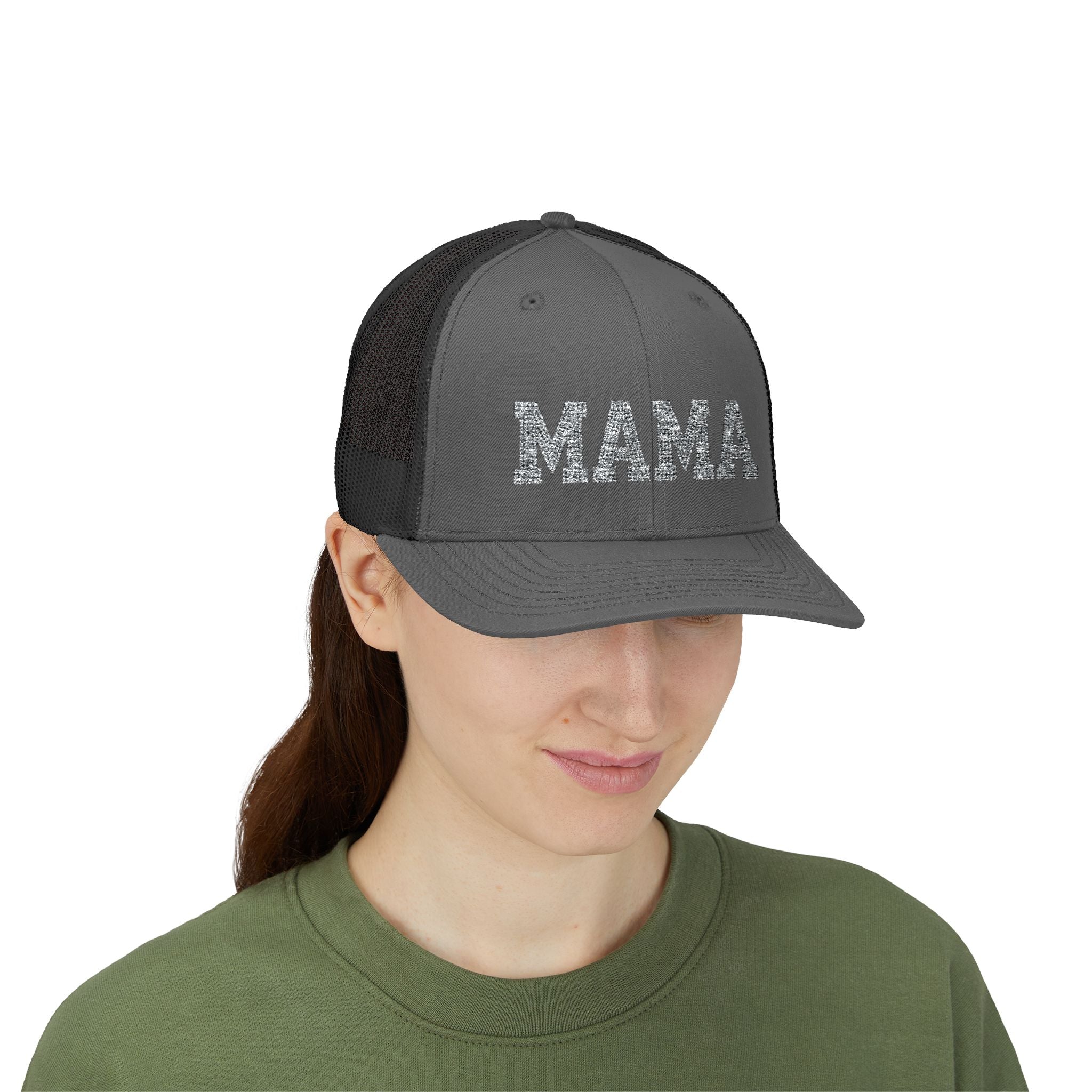 Mama Snapback Trucker Cap — Glitter Script "MAMA" Mesh Back Hat for Moms, Mother's Day Gift