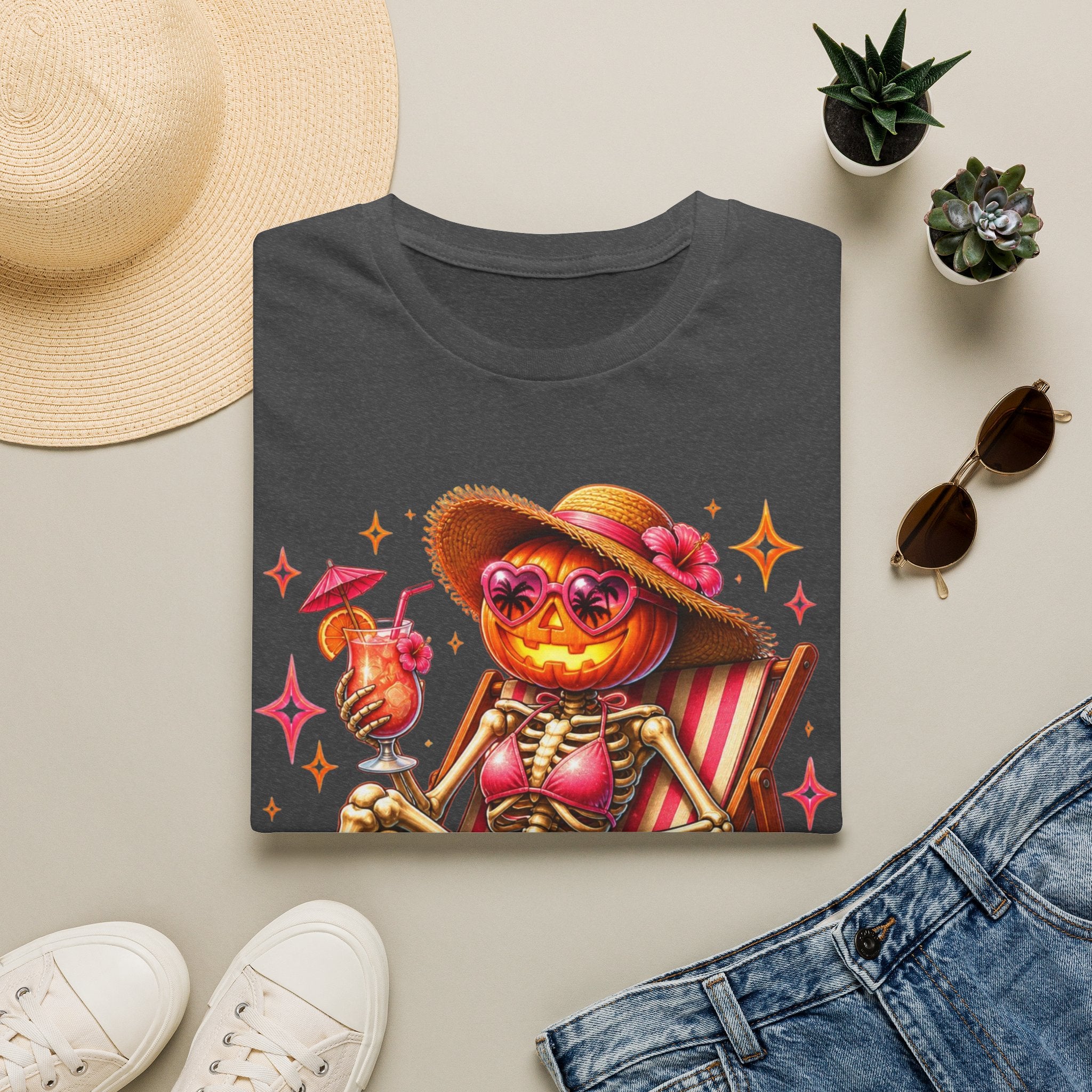 Summerween Vibes T-Shirt — Pumpkin Skeleton Beach Tee