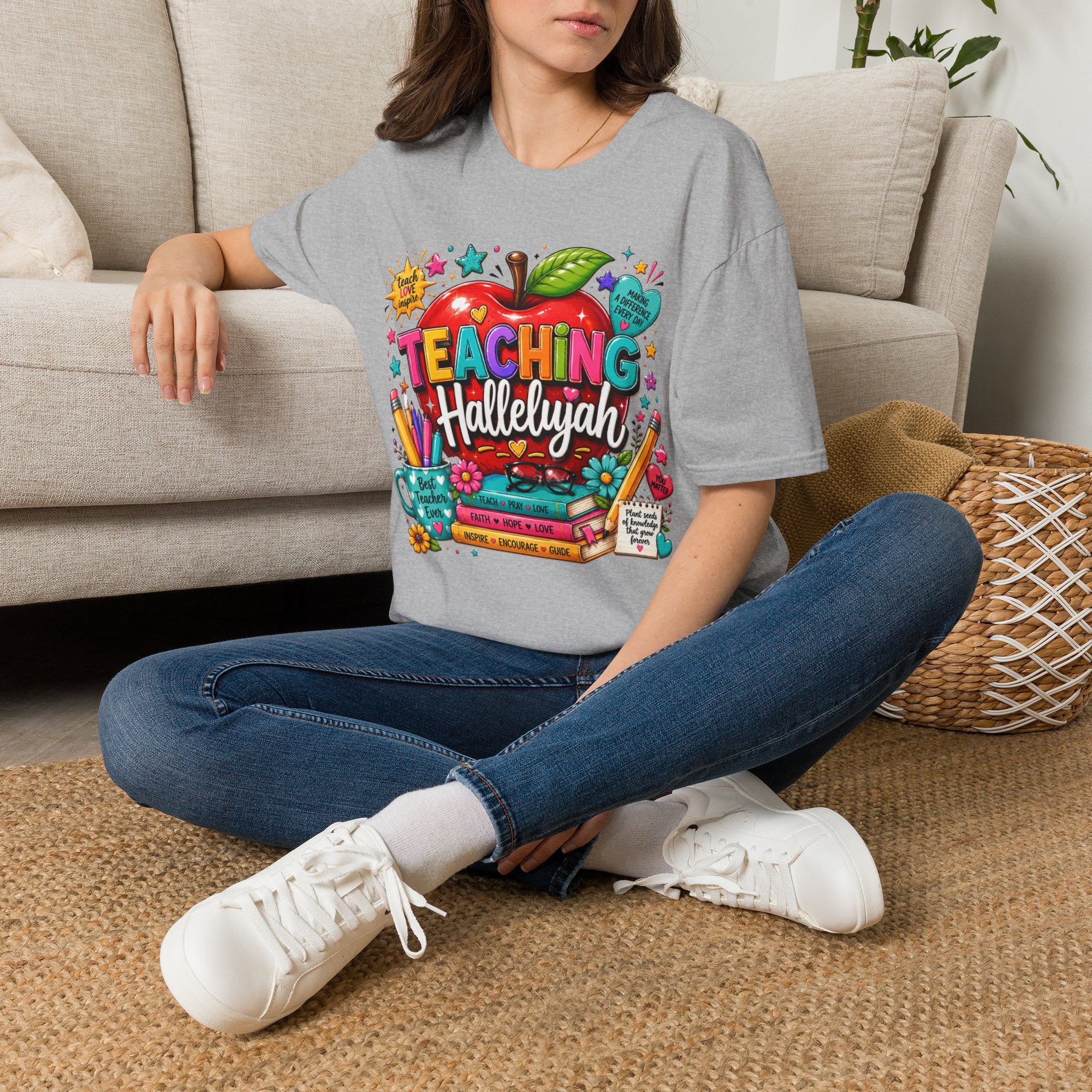 Teacher T-Shirt — "Teaching Hallelujah" Colorful Apple Classroom Tee